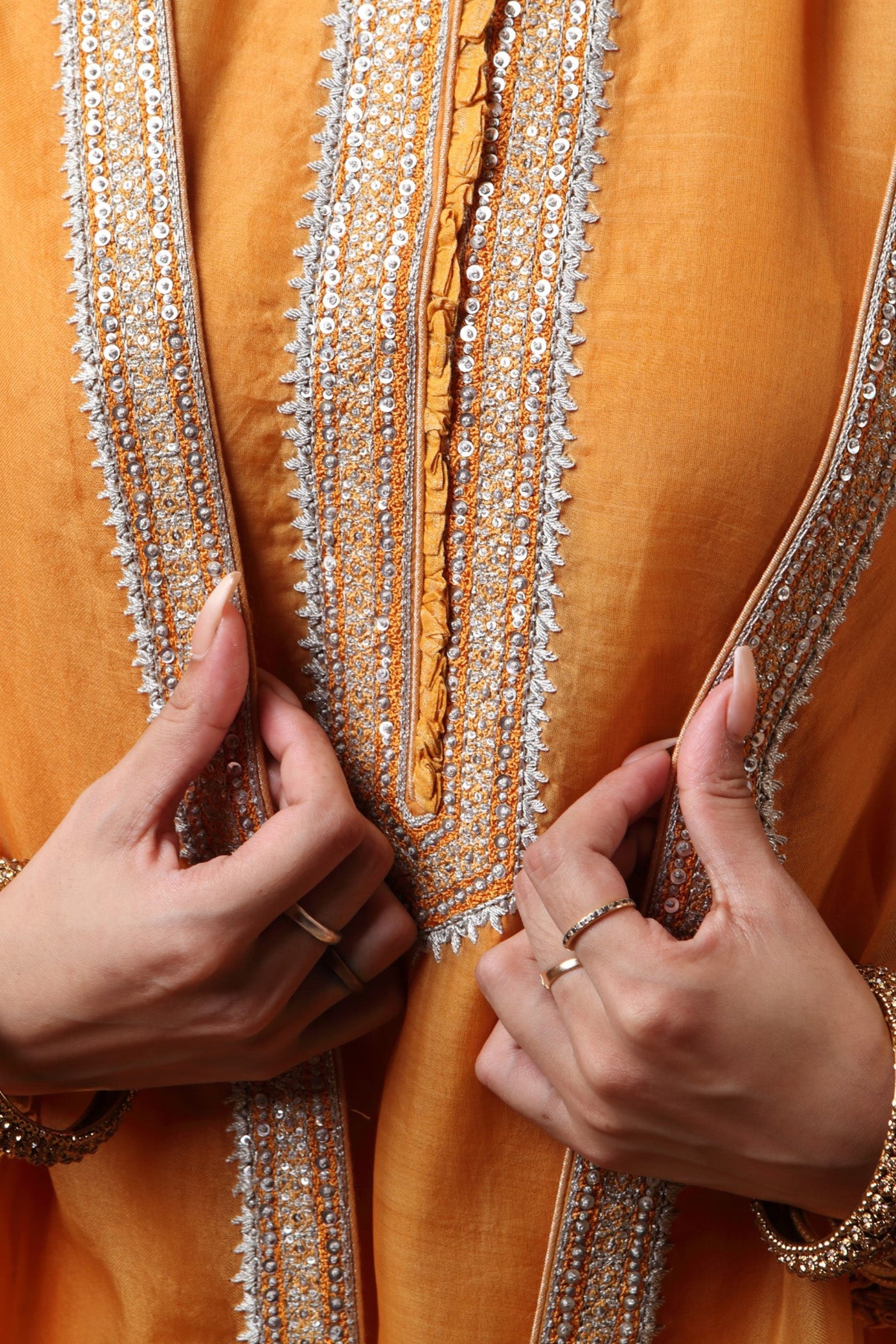 Hand Embroidered Mango Yellow Pure Katan Silk Kurta Pants Set