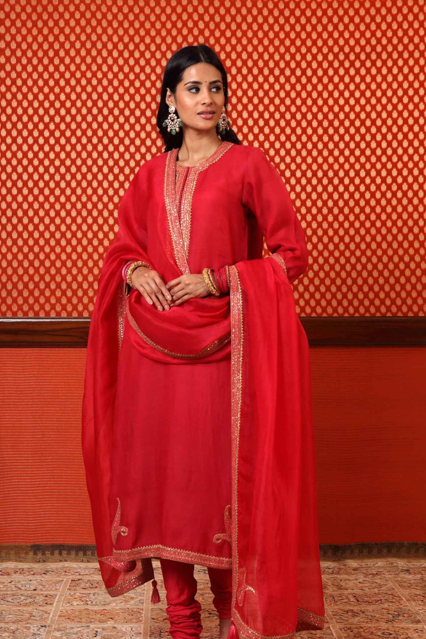 Hand Embroidered Red Pure Katan Silk Kurta Churidaar Set