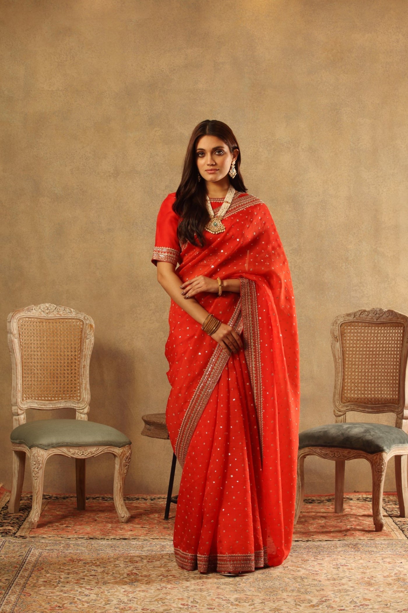 Hand Embroidered Deep Red Pure Silk Organza Saree Blouse Set