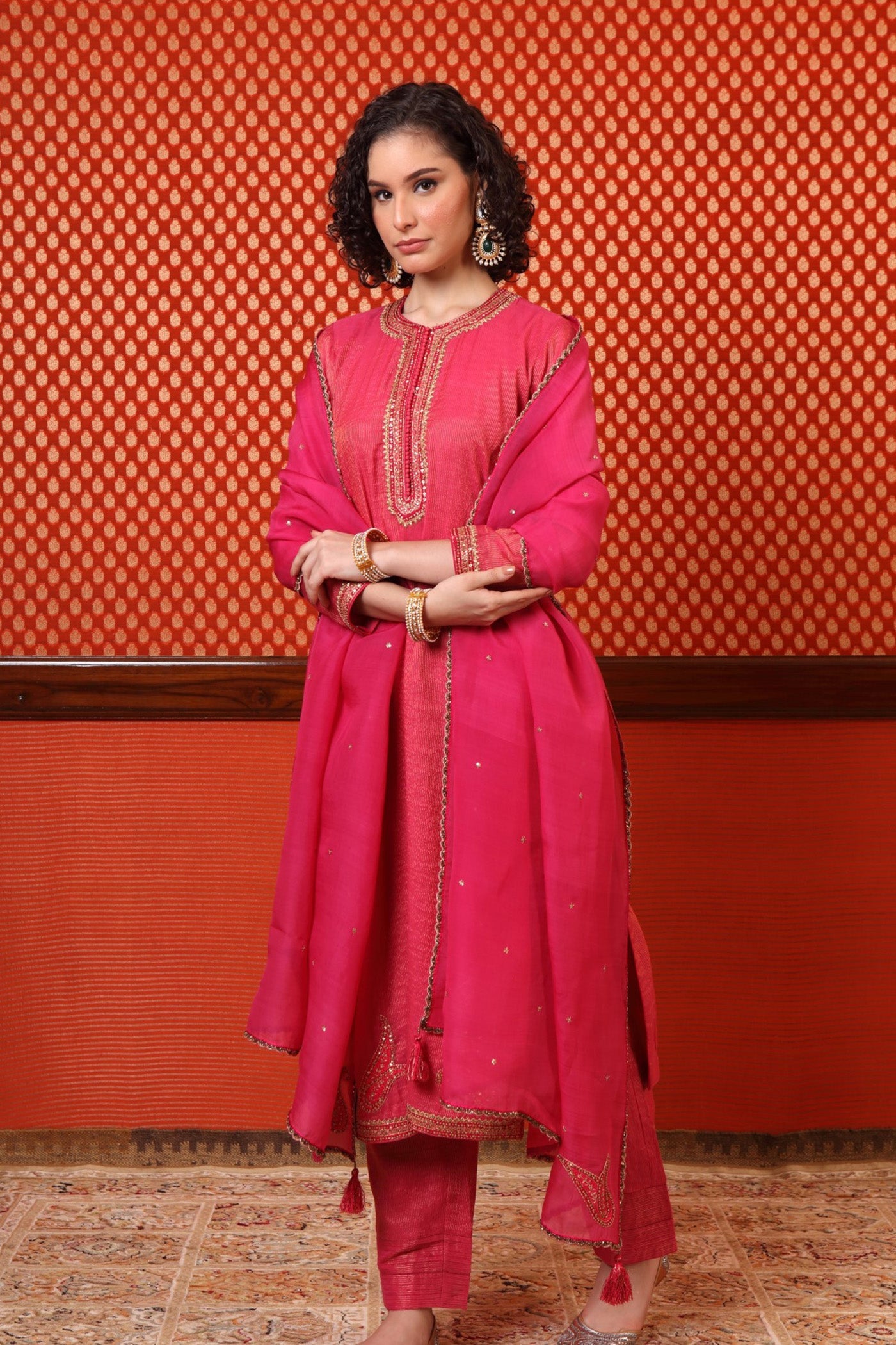 Hand Embroidered Fuchsia Rose Pure Silk Cotton Kurta Pants Set