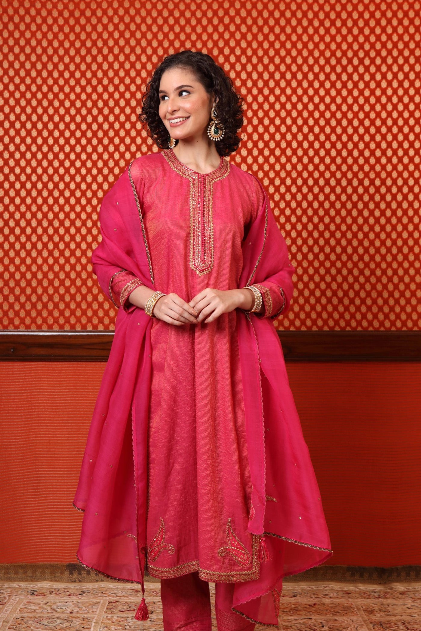 Hand Embroidered Fuchsia Rose Pure Silk Cotton Kurta Pants Set