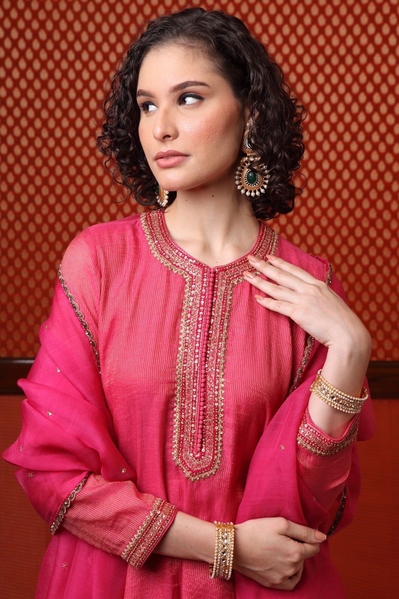 Hand Embroidered Fuchsia Rose Pure Silk Cotton Kurta Pants Set