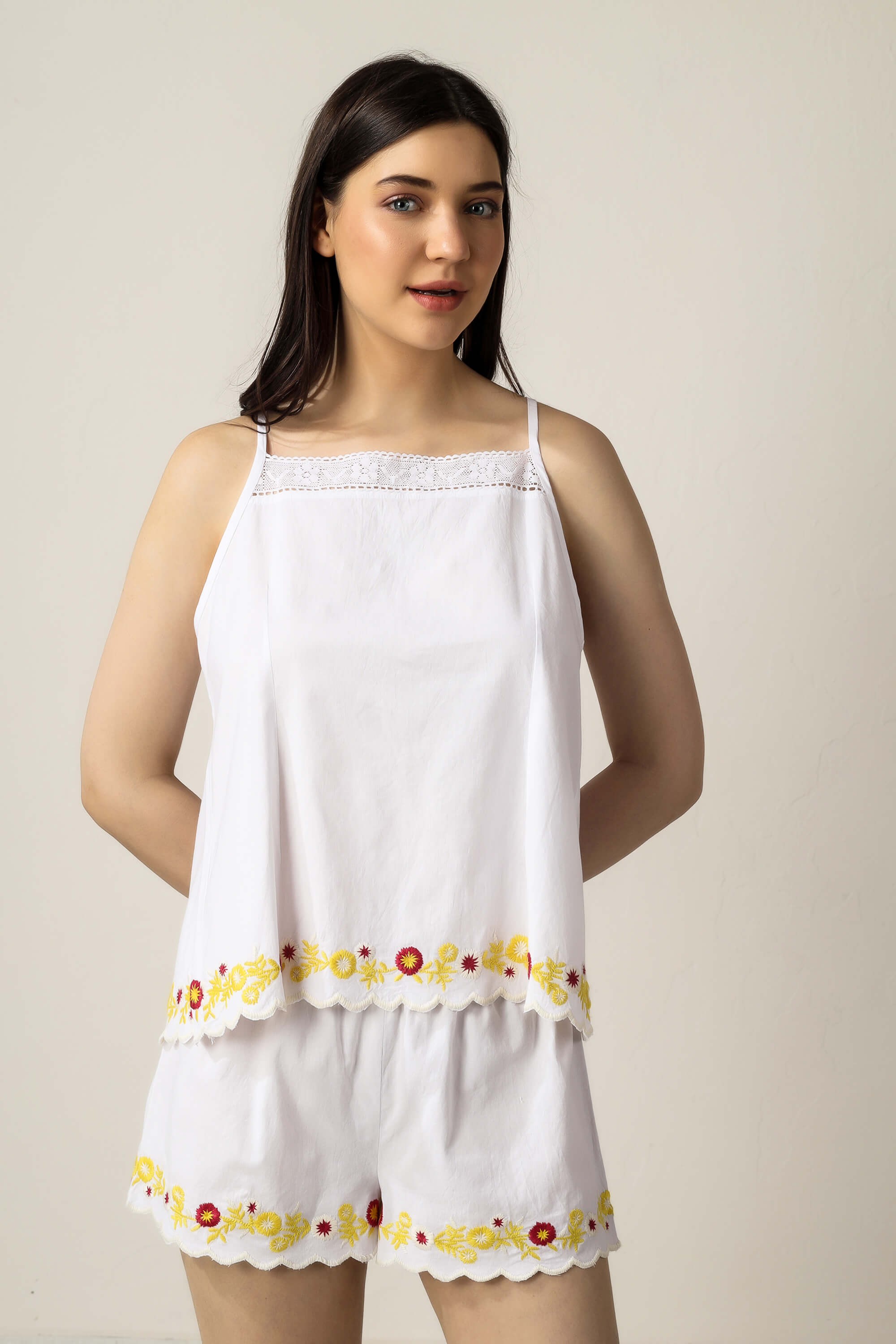 Gwen Shorts and Camisole set with floral embroidery in white.