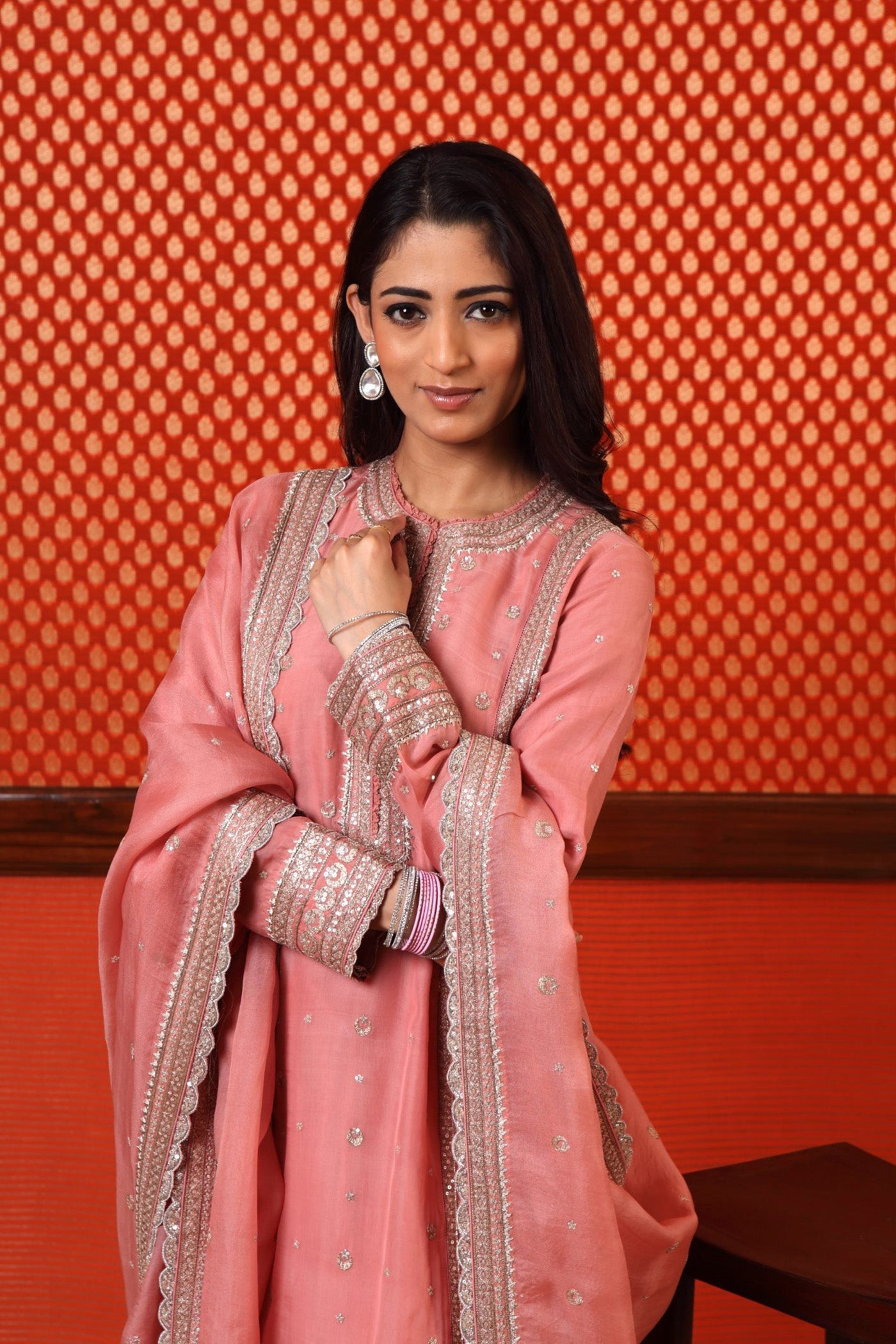 Hand Embroidered Bubblegum Pink Pure Katan Silk Kurta Sharara Set