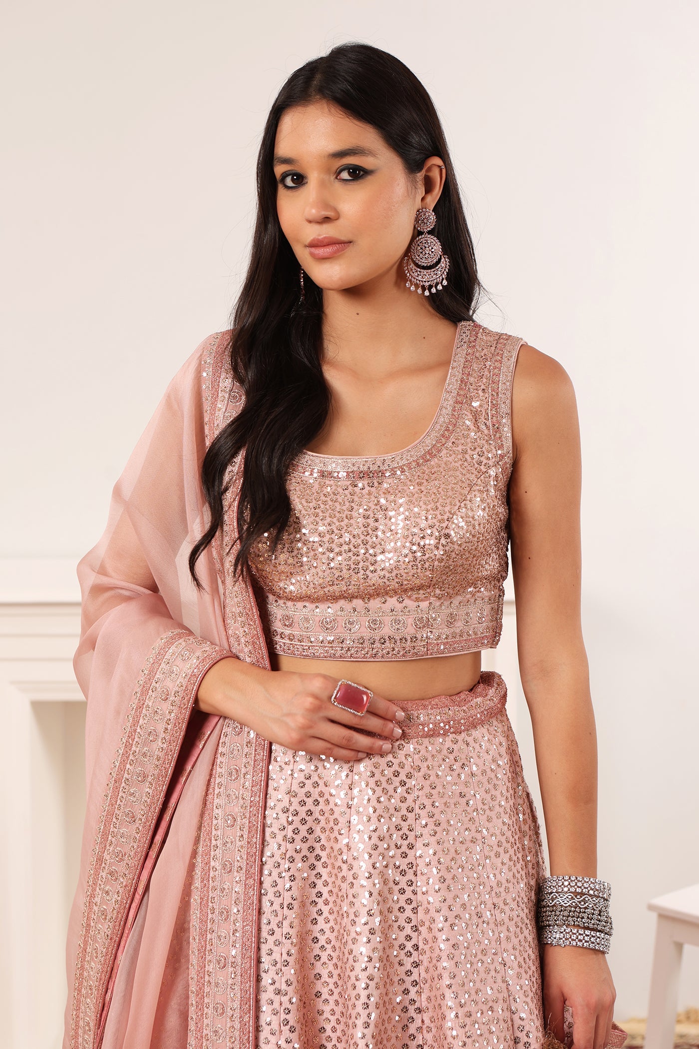 Dusty-Pink (Ombre Dyed) Embroidered Chaand-Buta Lehenga-Set With Blouse & Dupatta