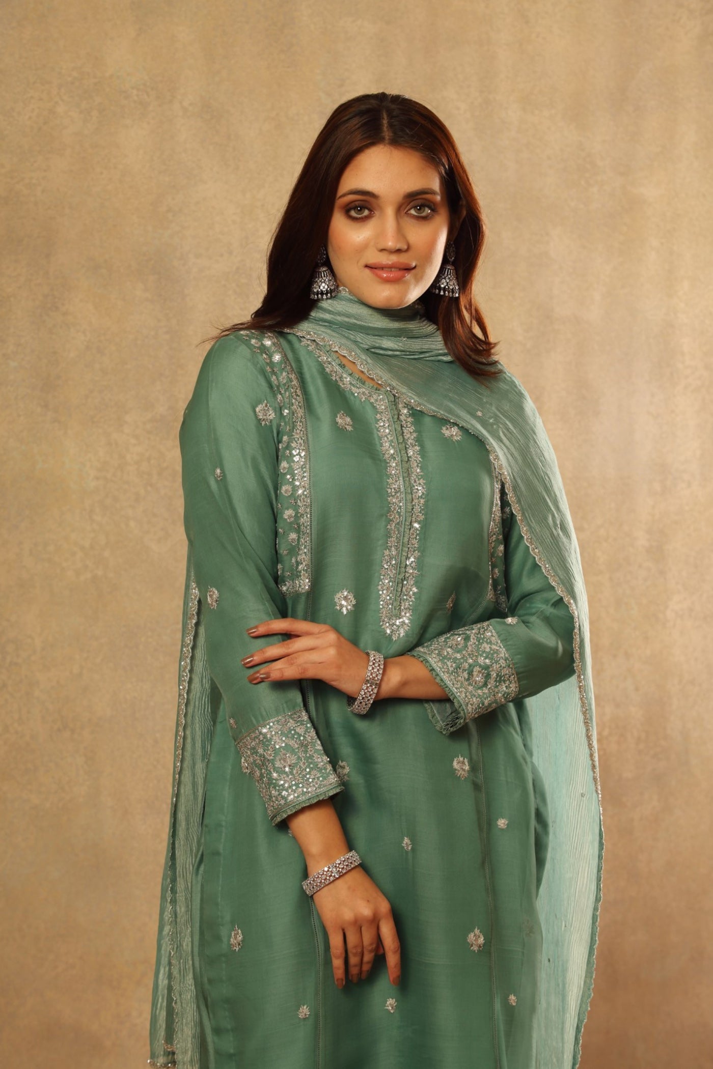 Hand Embroidered Turquoise Blue Pure Katan Silk Kurta Pants Set