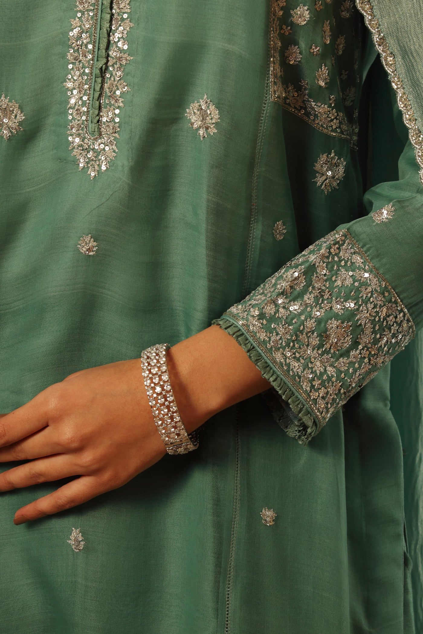 Hand Embroidered Turquoise Blue Pure Katan Silk Kurta Pants Set