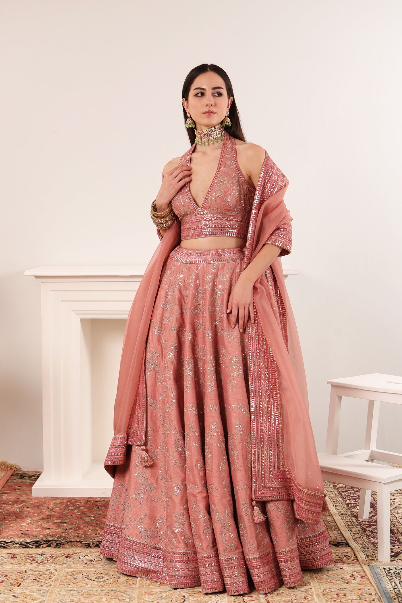 Priya Banerjee in Dusty-Pink Embroidered Raw-Silk Lehenga- Set With Pure Crepe-Silk Blouse & Pure Silk- Organza Dupatta