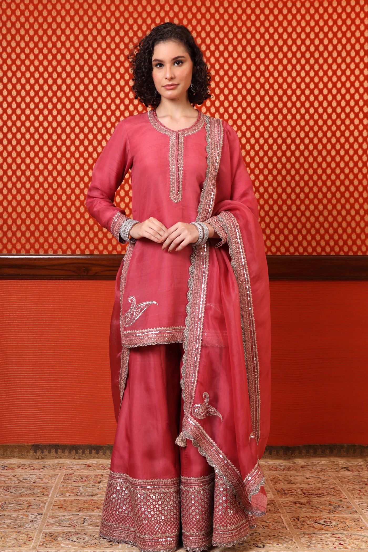 Hand Embroidered Honey Suckle Short Kurta Sharara Set