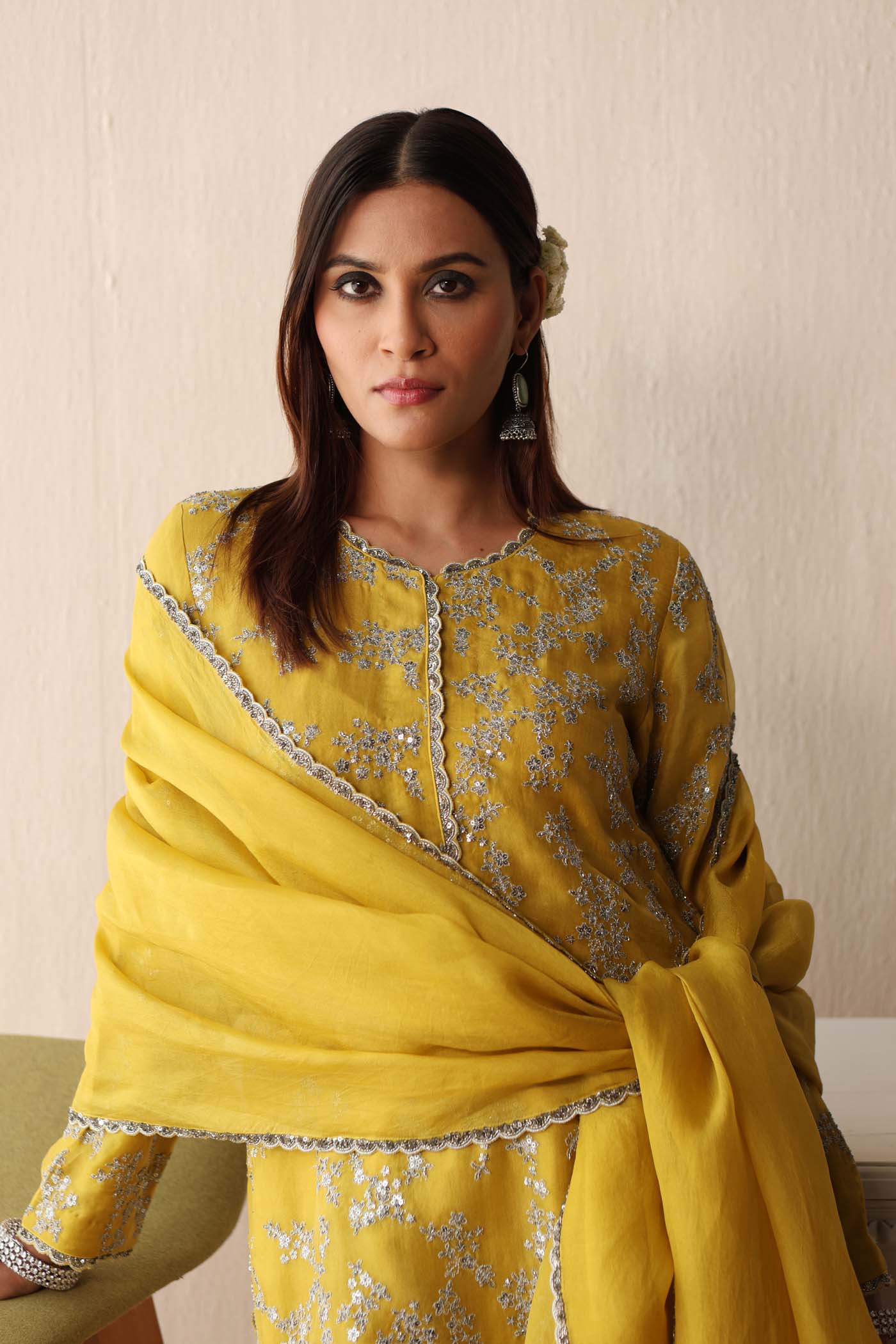Lime-Green Hand-Embroidered Pure Silk-Organza Kurta-Pants Set