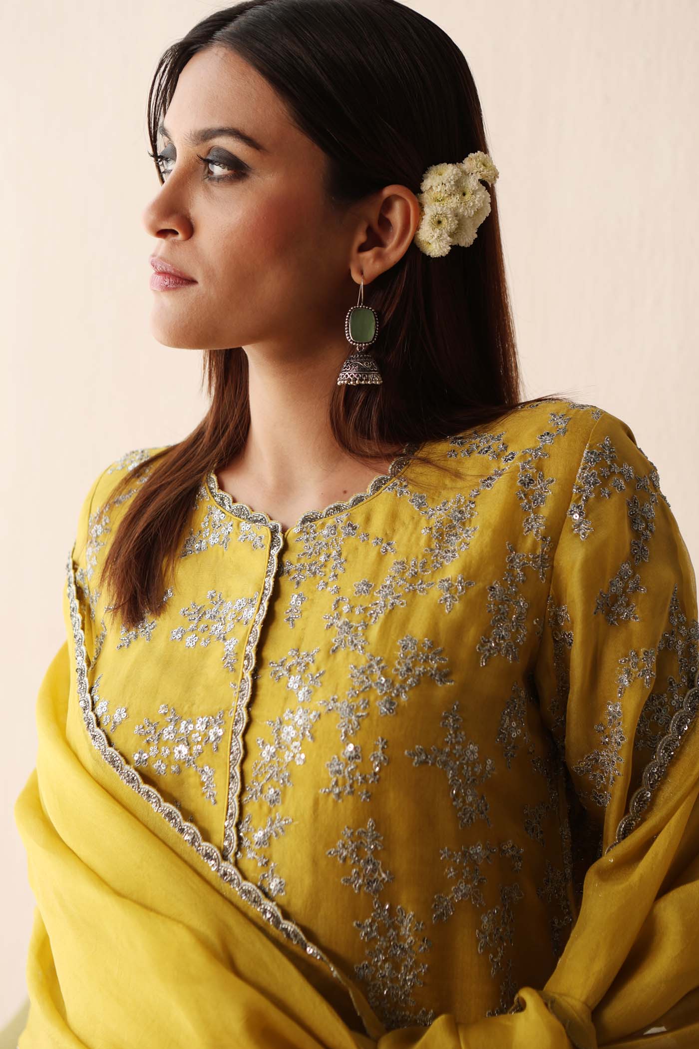 Lime-Green Hand-Embroidered Pure Silk-Organza Kurta-Pants Set