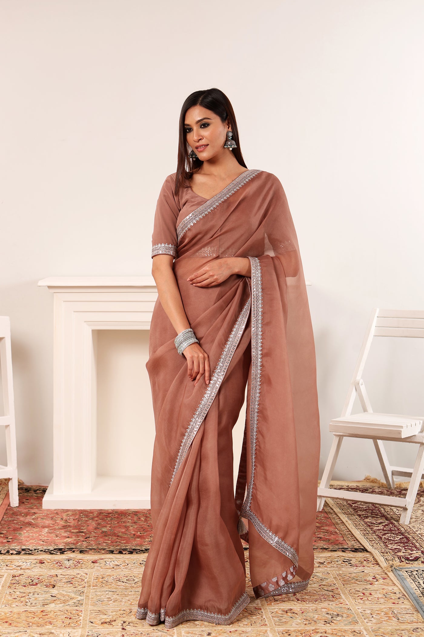 Chocolate-Brown Embroidered Pure Silk-Organza Saree-Blouse Set