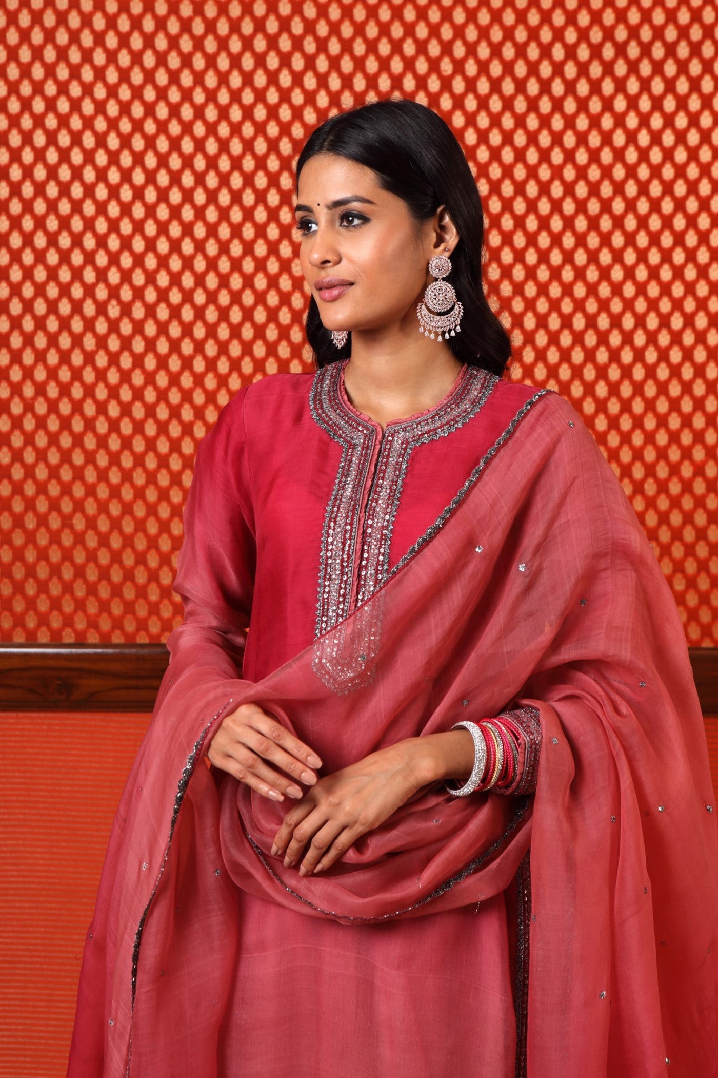 Hand Embroidered Ombre Wine Coloured Pure Katan Silk Kurta Pants Set