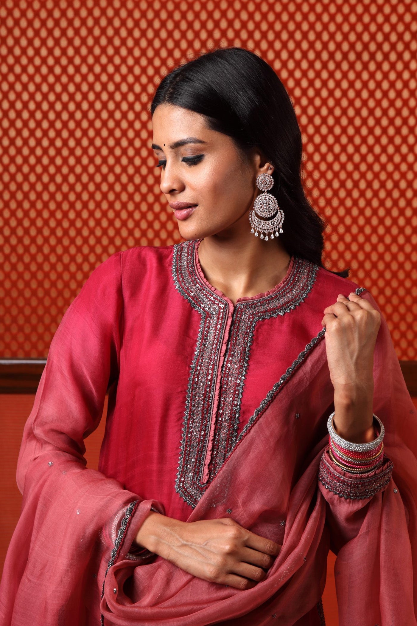 Hand Embroidered Ombre Wine Coloured Pure Katan Silk Kurta Pants Set