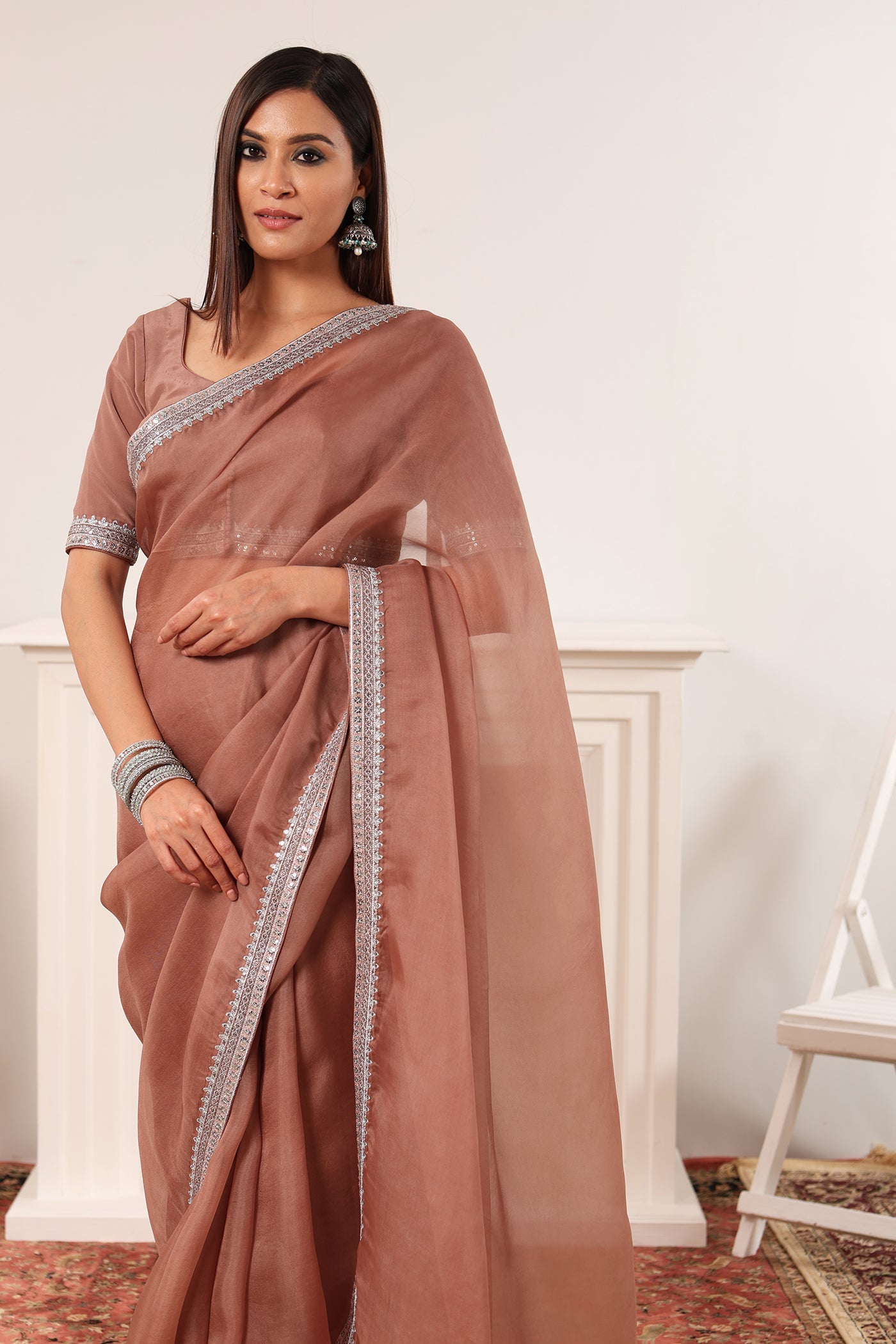 Chocolate-Brown Embroidered Pure Silk-Organza Saree-Blouse Set