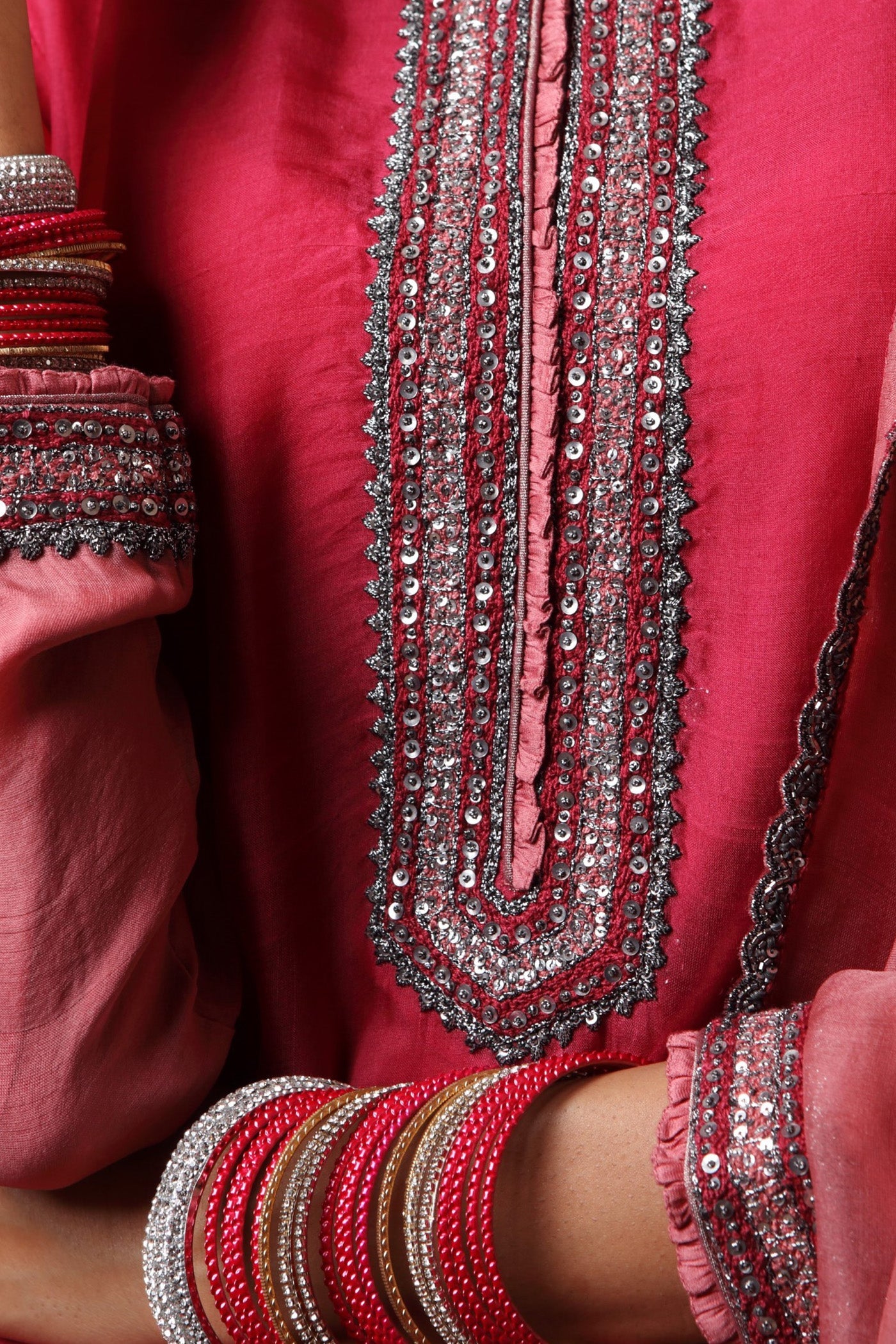 Hand Embroidered Ombre Wine Coloured Pure Katan Silk Kurta Pants Set