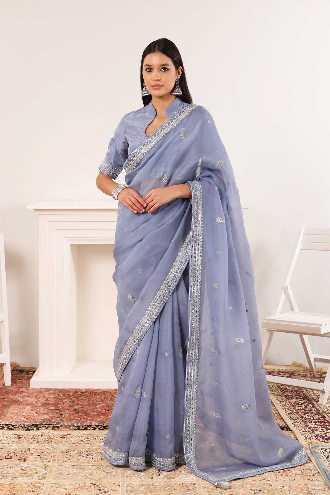 Lavender-Blue Embroidered Pure Silk-Organza Saree-Blouse Set