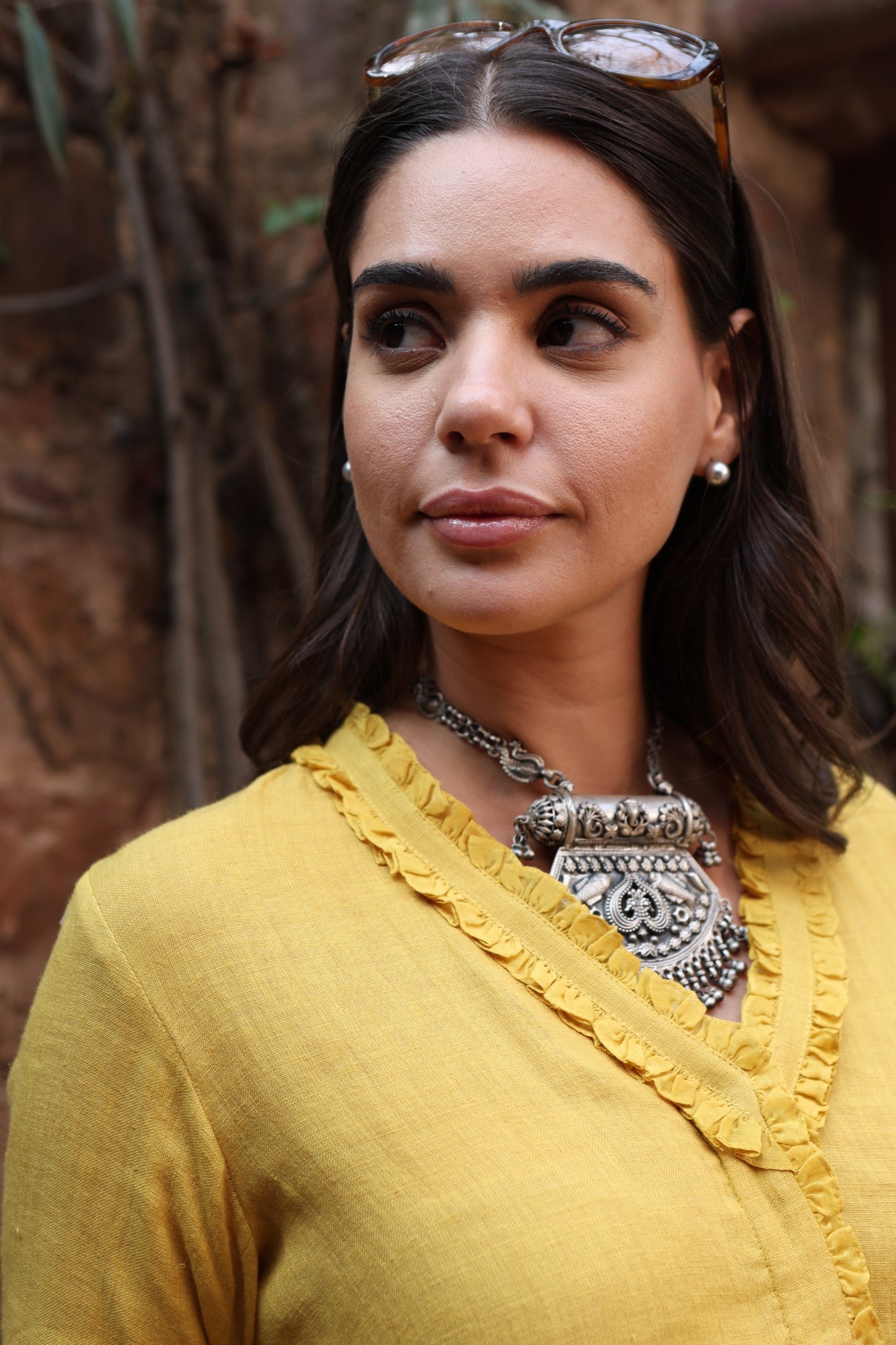 Dusty-Mustard Pure Linen Front-Open Short Blouse With Frilled Nekline & Smocked Cuffs