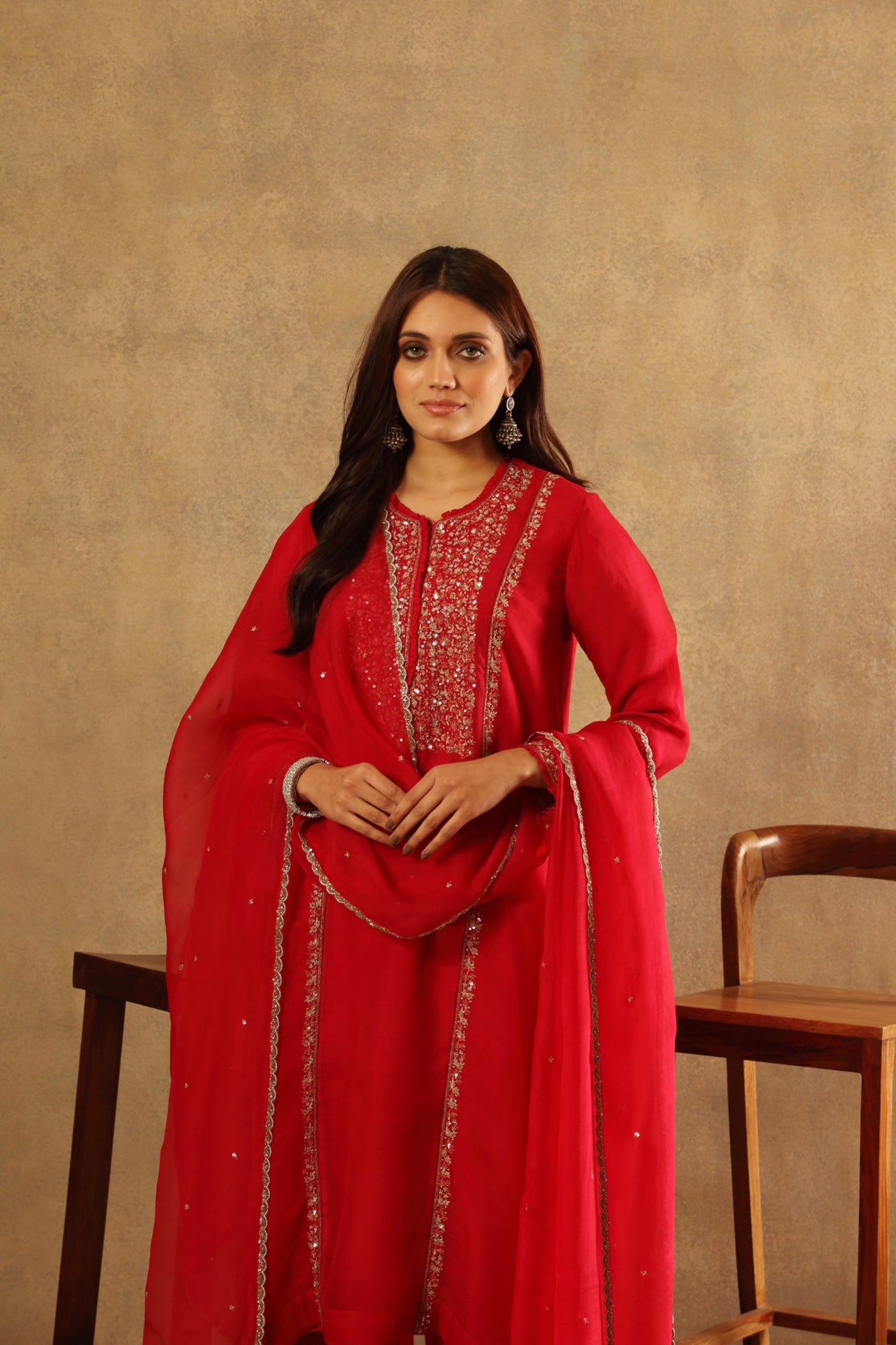 Hand Embroidered Vermillion Red Pure Silk Organza Kurta Pants Set