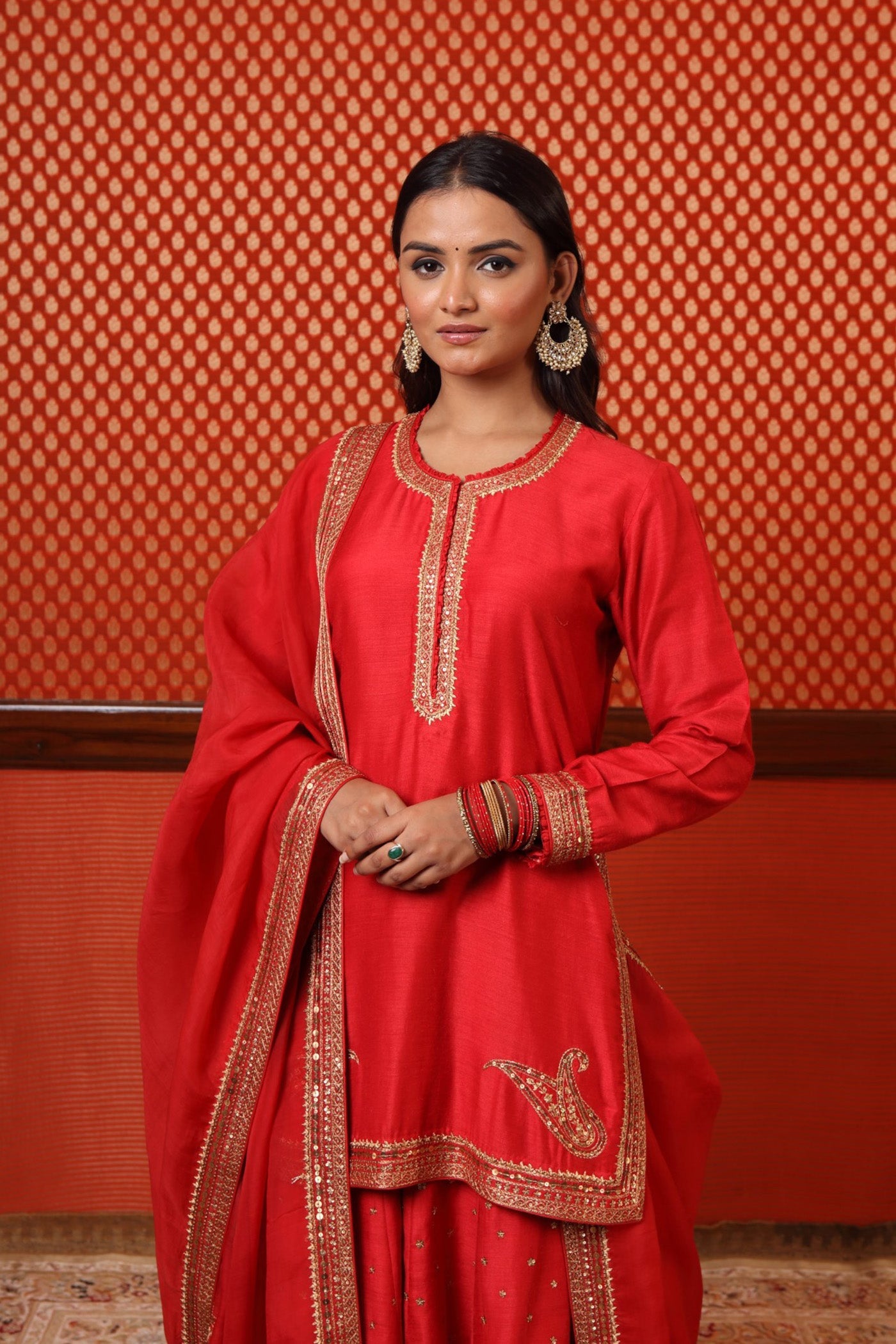 Hand Embroidered Tomato Red Pure Muga Silk Short Kurta Sharara Set