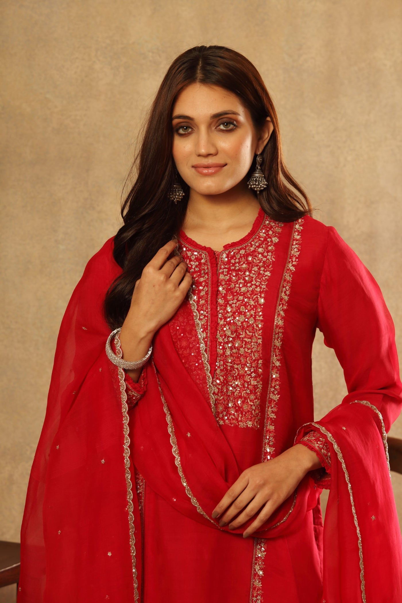 Hand Embroidered Vermillion Red Pure Silk Organza Kurta Pants Set