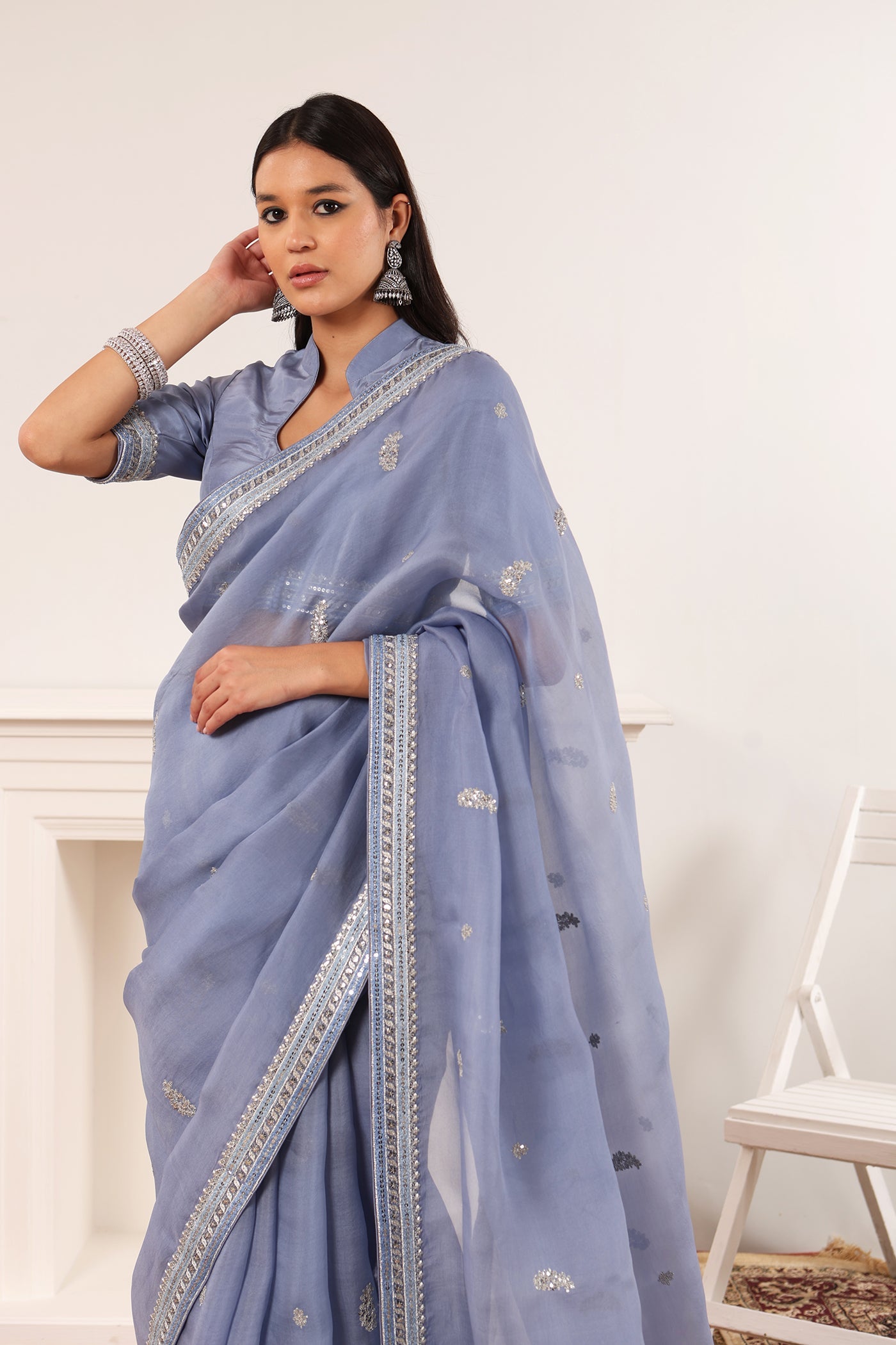 Lavender-Blue Embroidered Pure Silk-Organza Saree-Blouse Set