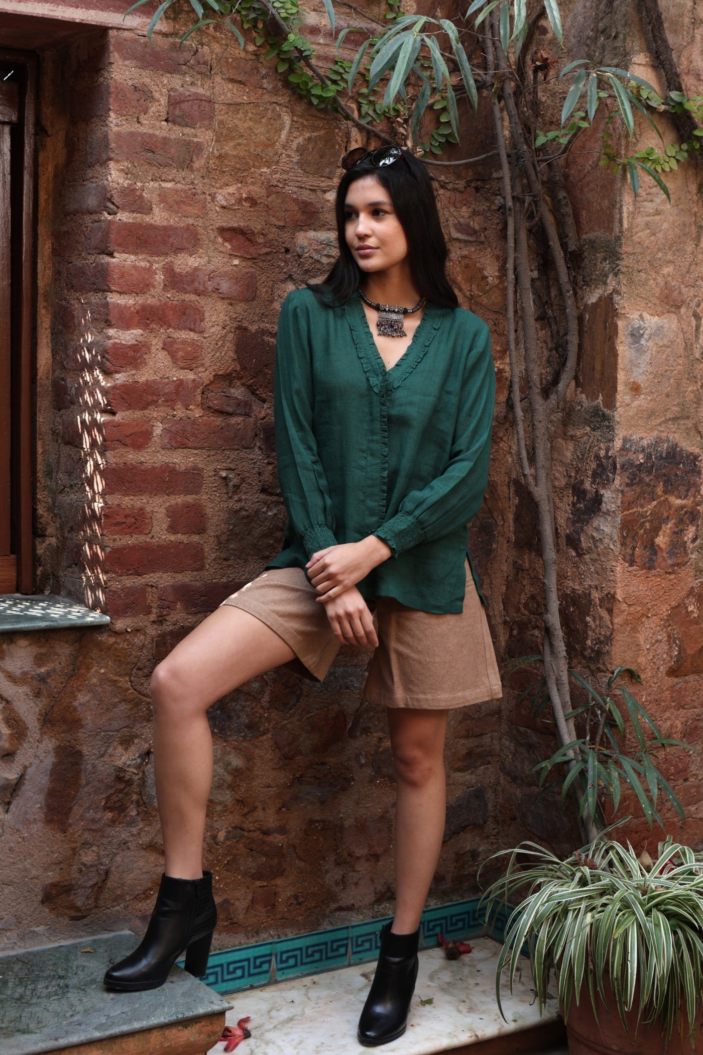 Bottle-Green Pure Linen Front-Open Short Blouse With Frilled Nekline & Smocked Cuffs