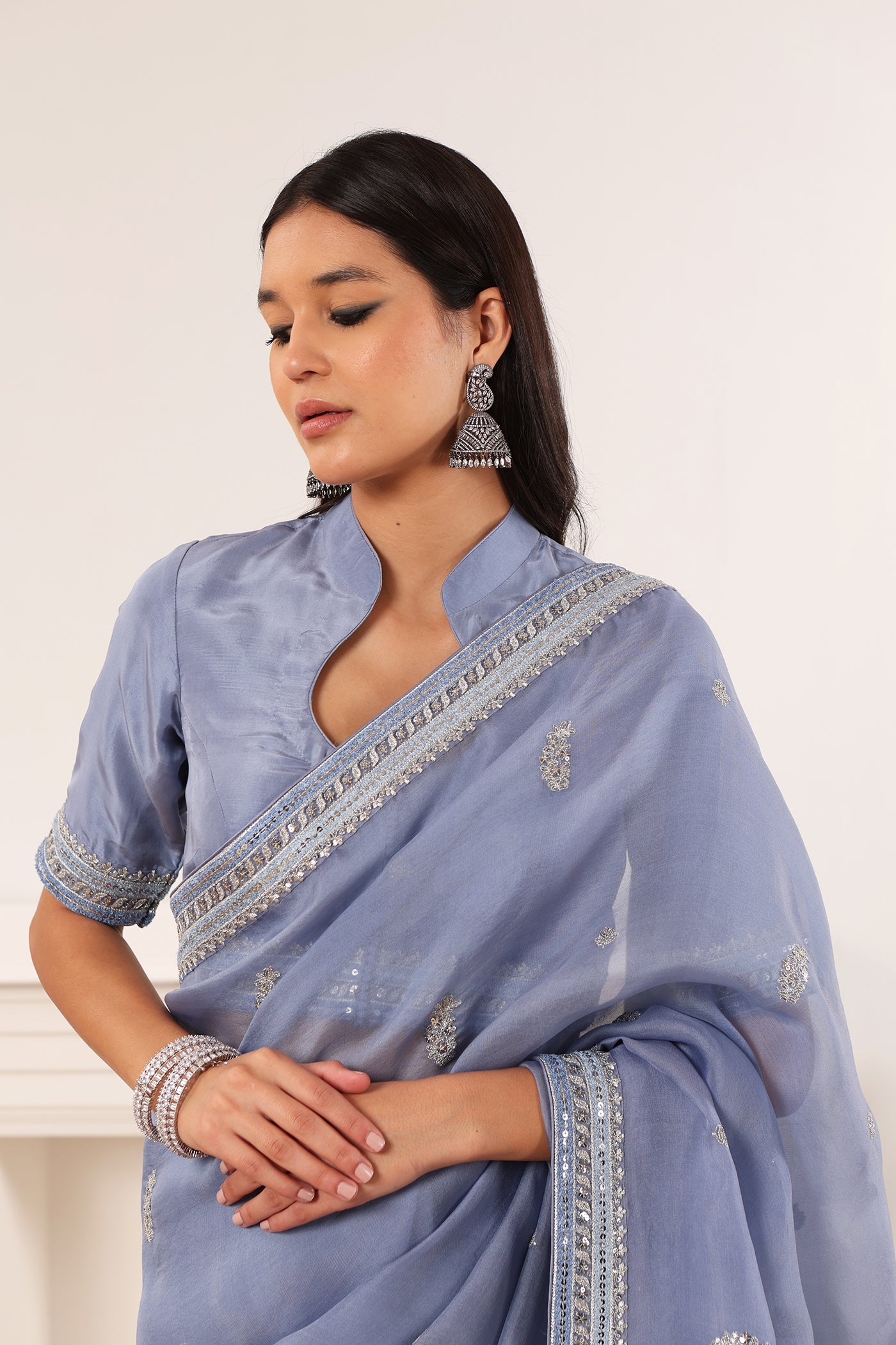 Lavender-Blue Embroidered Pure Silk-Organza Saree-Blouse Set