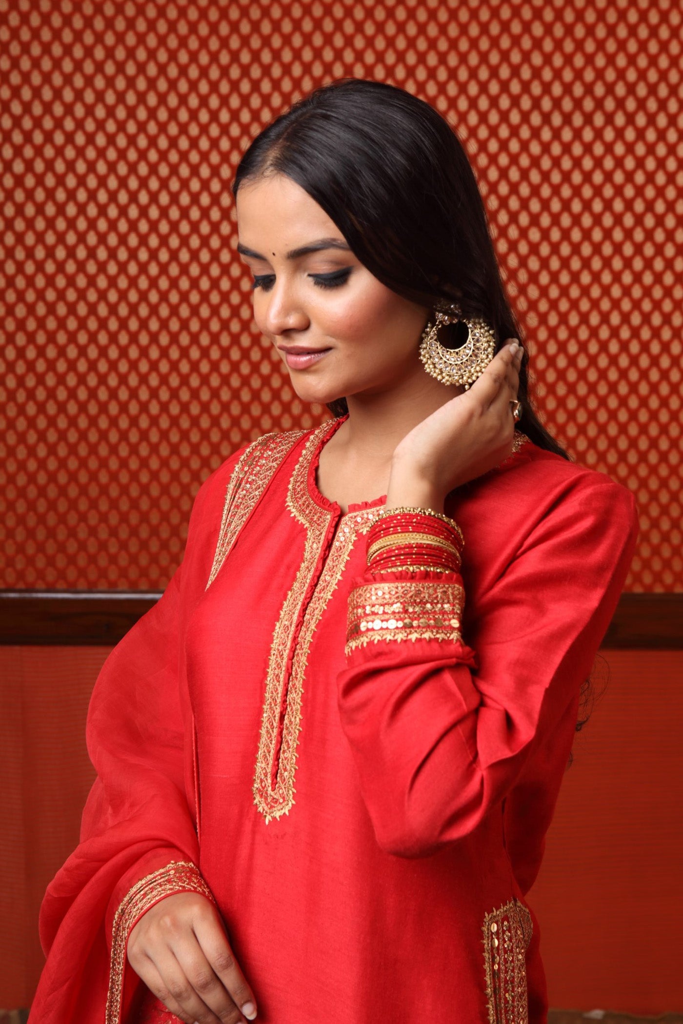 Hand Embroidered Tomato Red Pure Muga Silk Short Kurta Sharara Set
