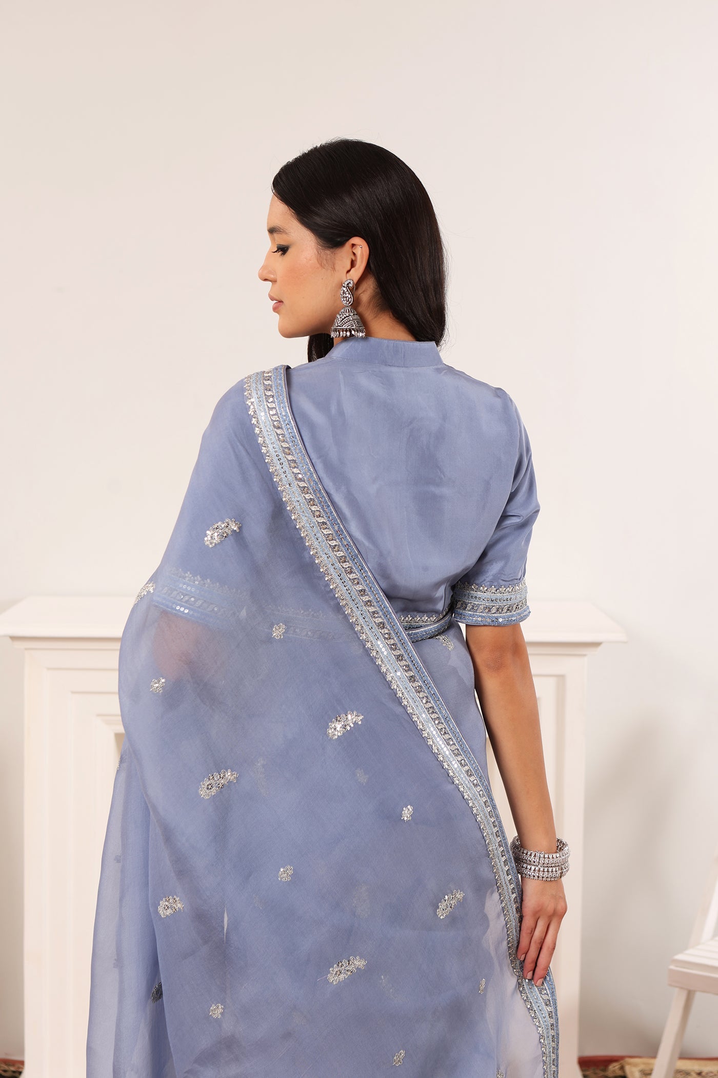 Lavender-Blue Embroidered Pure Silk-Organza Saree-Blouse Set