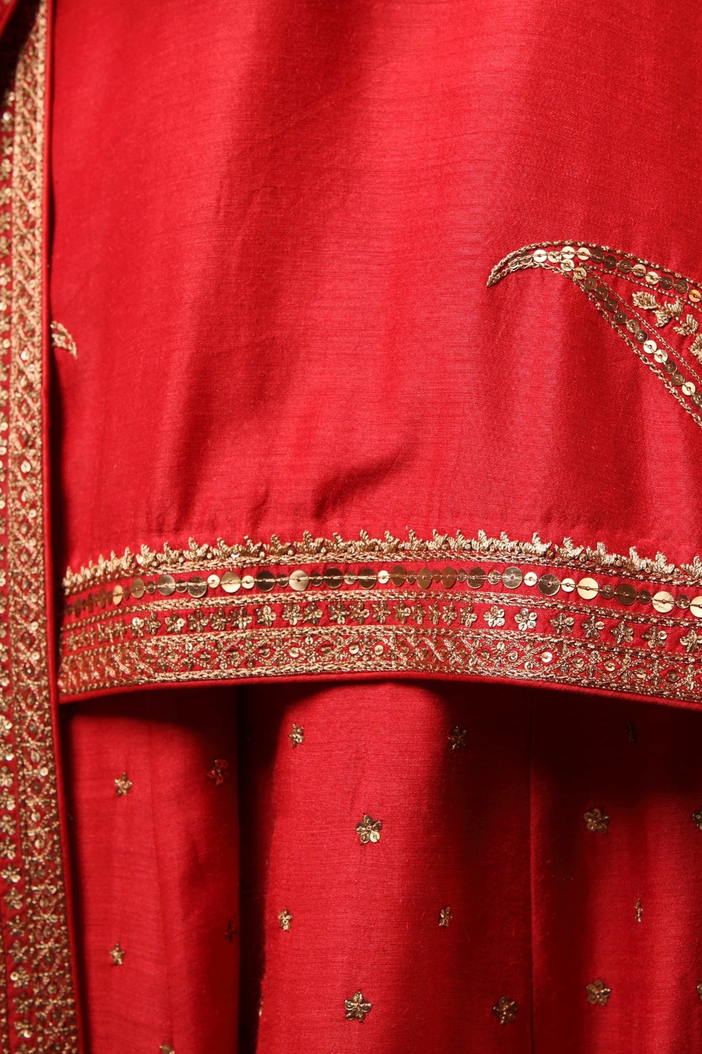 Hand Embroidered Tomato Red Pure Muga Silk Short Kurta Sharara Set