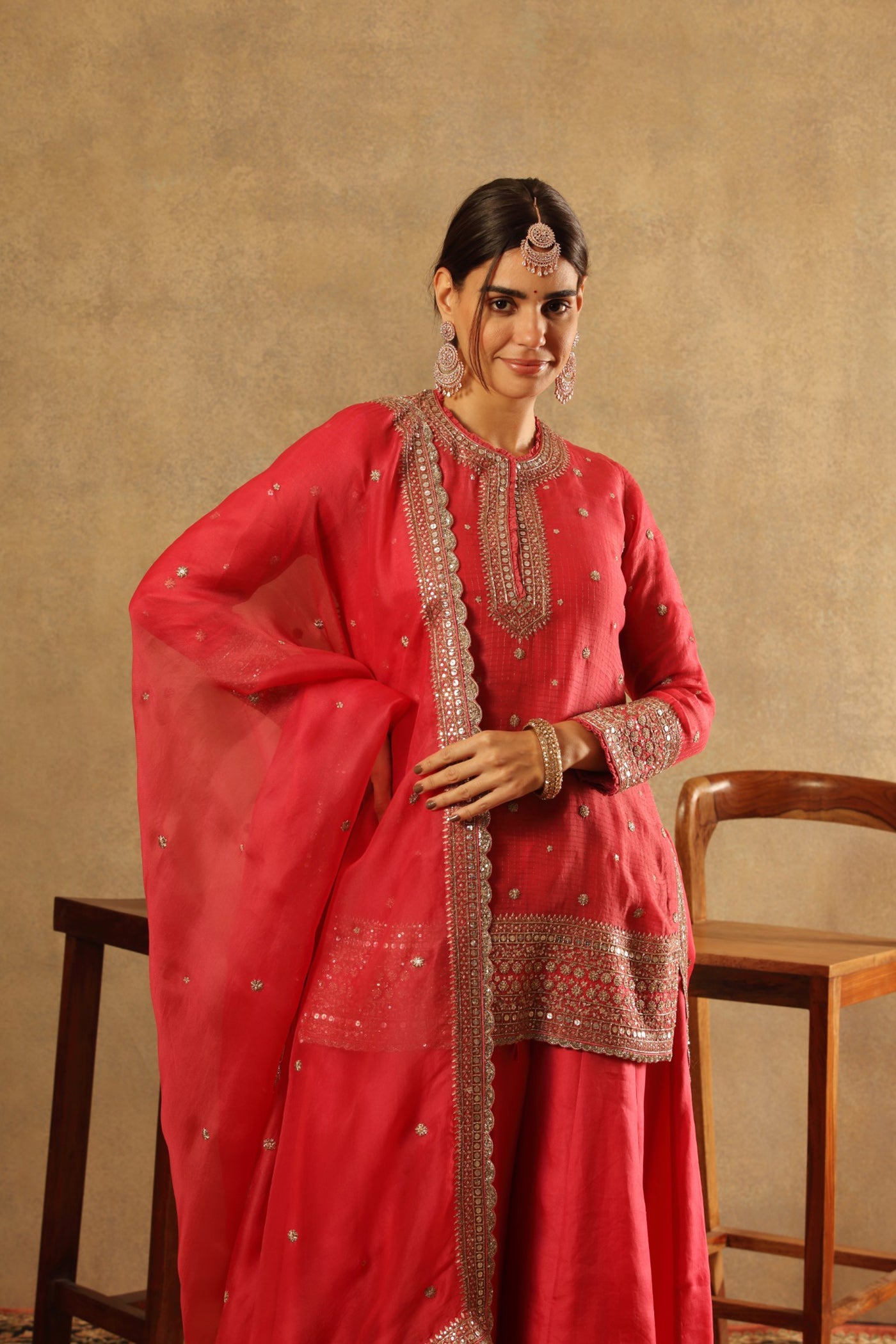 Hand Embroidered Fuchsia Rose Pure Silk Organza Short Kurta Sharara Set