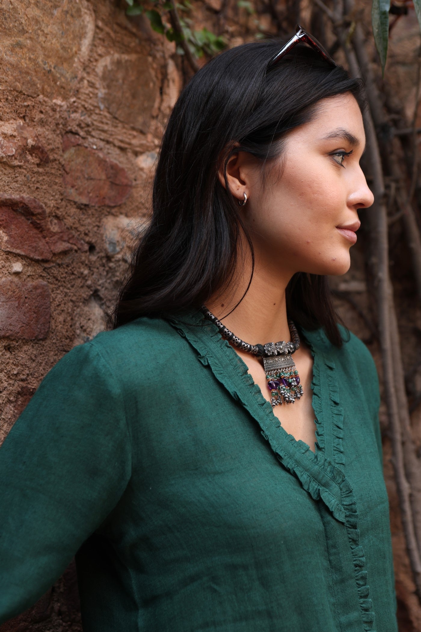 Bottle-Green Pure Linen Front-Open Short Blouse With Frilled Nekline & Smocked Cuffs