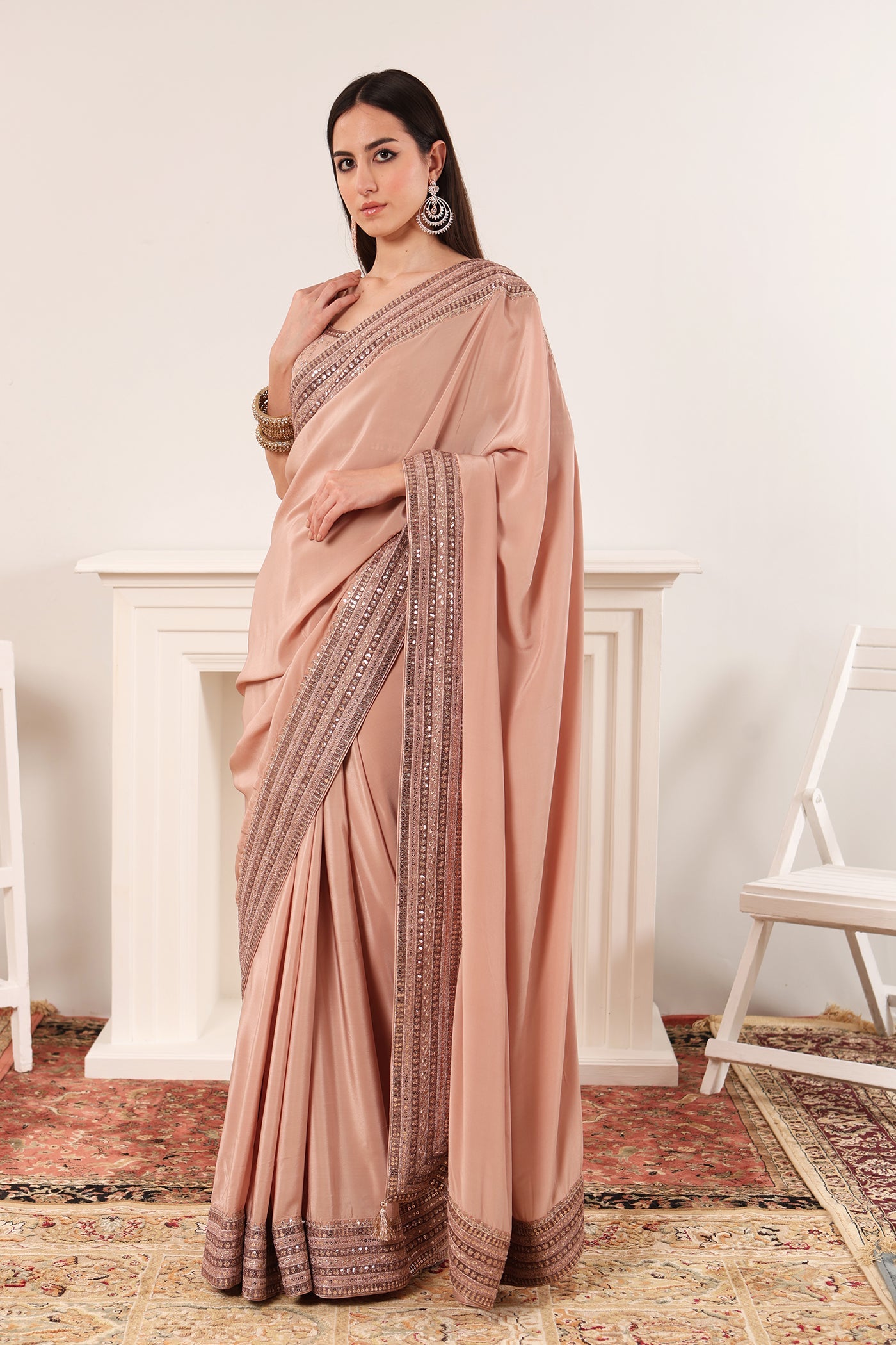 Evening-Sand Embroidered Pure Crepe-Silk Saree-Blouse Set