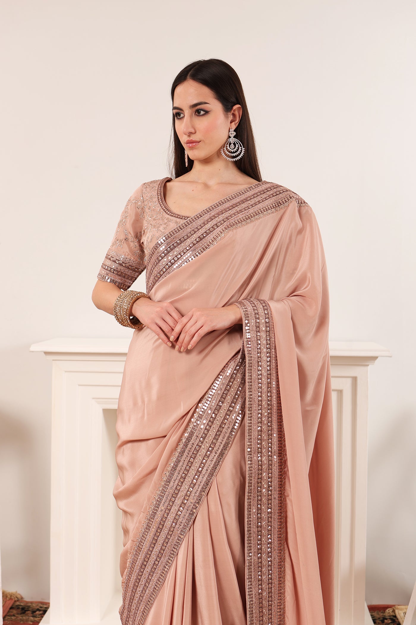 Evening-Sand Embroidered Pure Crepe-Silk Saree-Blouse Set