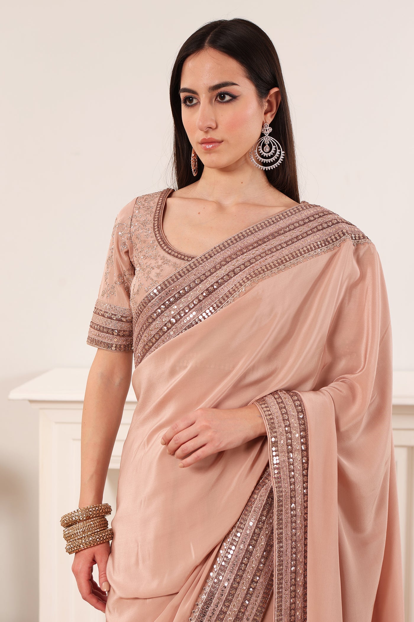 Evening-Sand Embroidered Pure Crepe-Silk Saree-Blouse Set