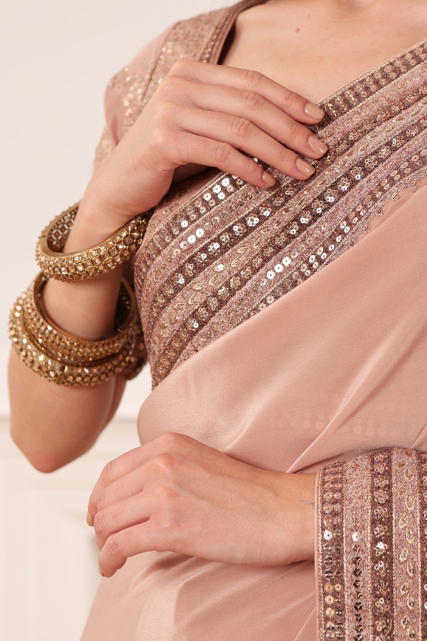 Evening-Sand Embroidered Pure Crepe-Silk Saree-Blouse Set