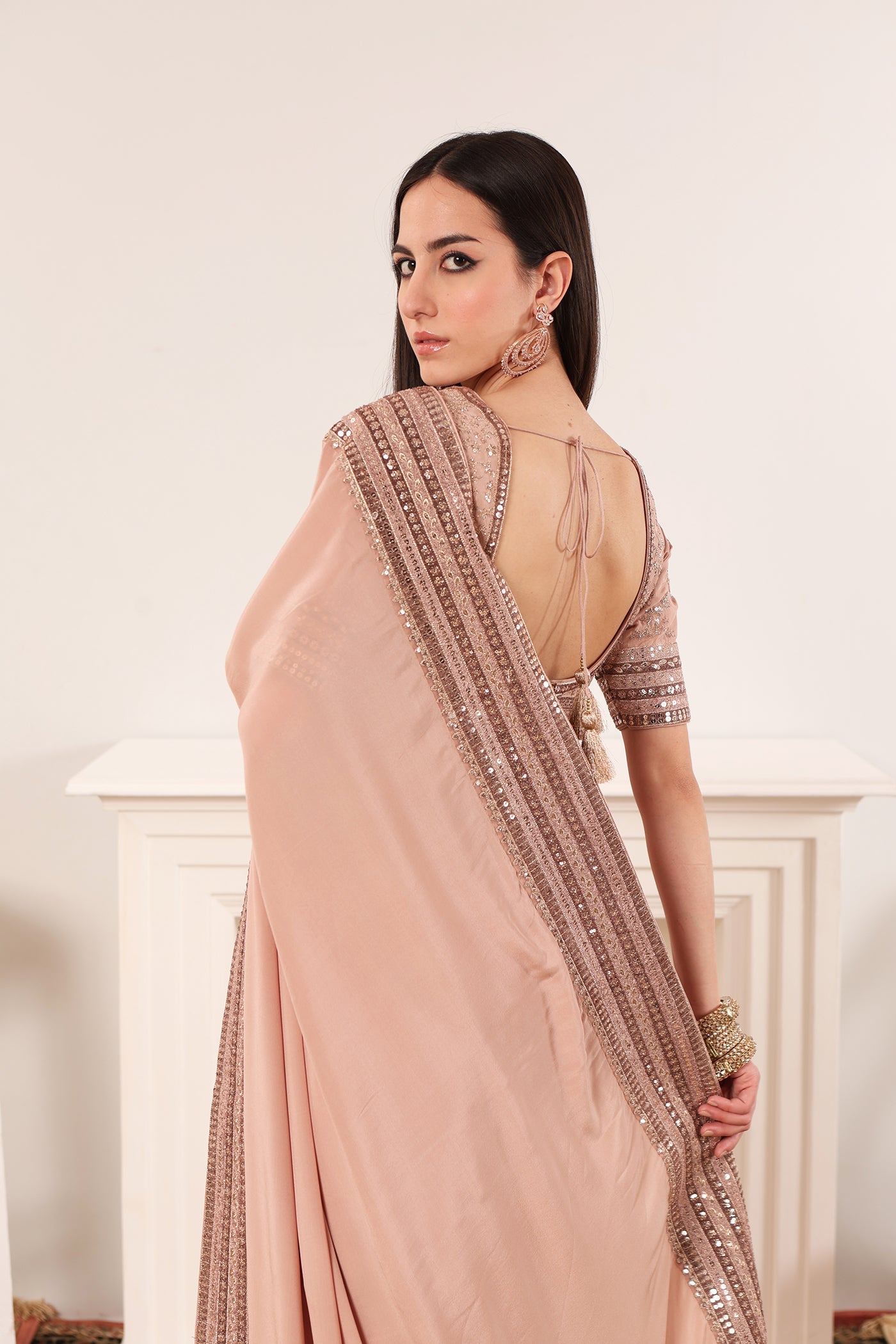 Evening-Sand Embroidered Pure Crepe-Silk Saree-Blouse Set