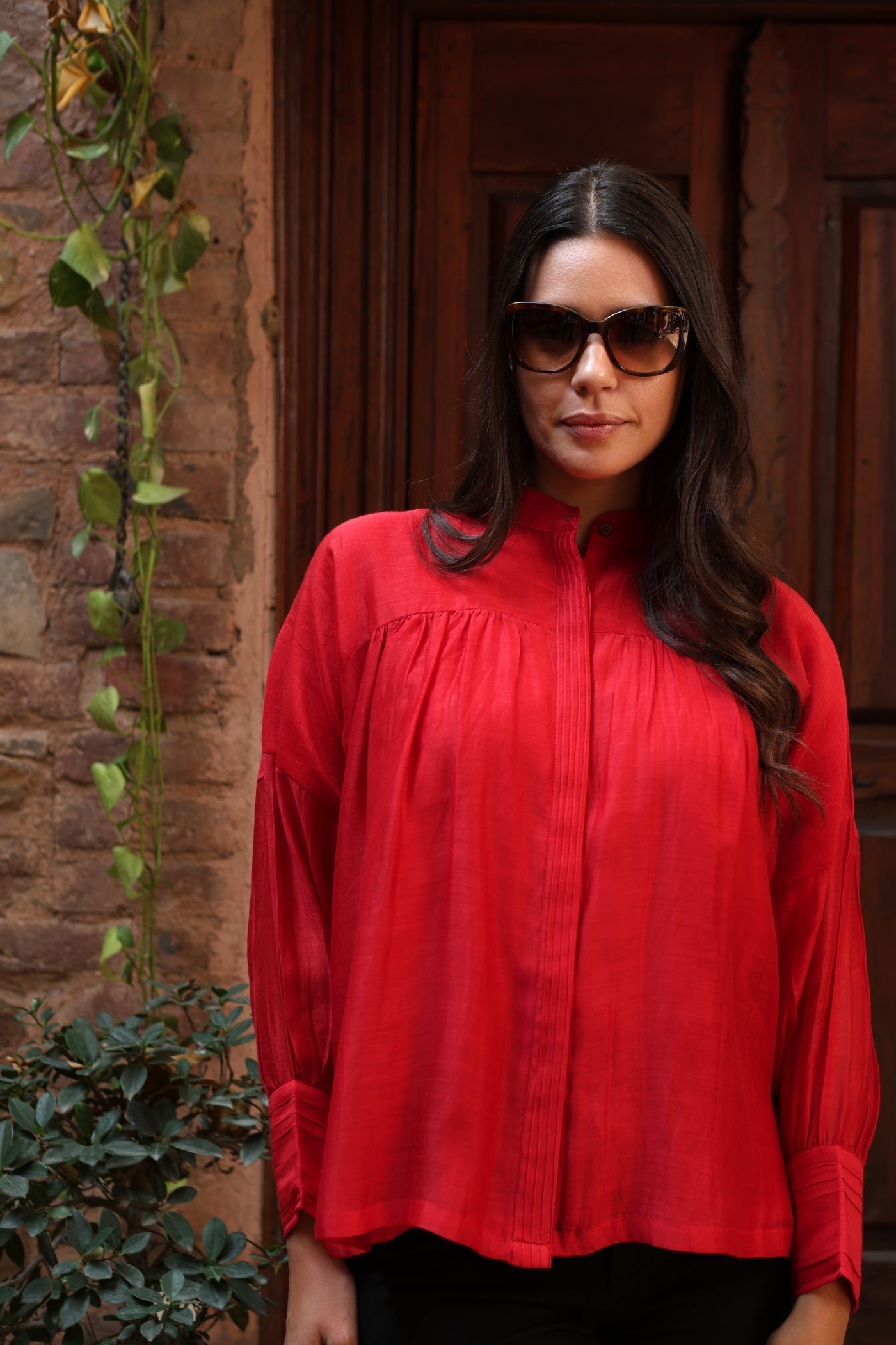 Red Pure Silk-Cotton Band-Collared Front-Open Short-Blouse With Pintucked Placket