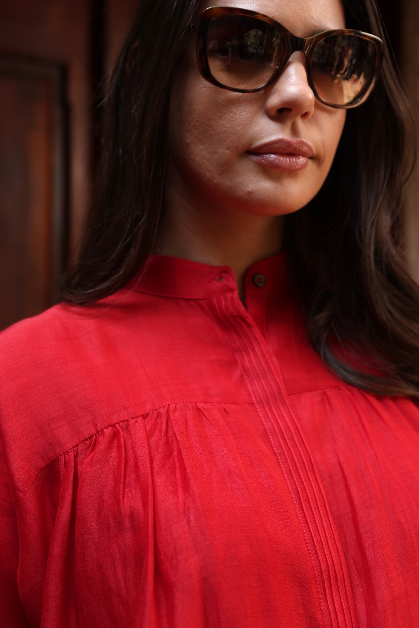 Red Pure Silk-Cotton Band-Collared Front-Open Short-Blouse With Pintucked Placket
