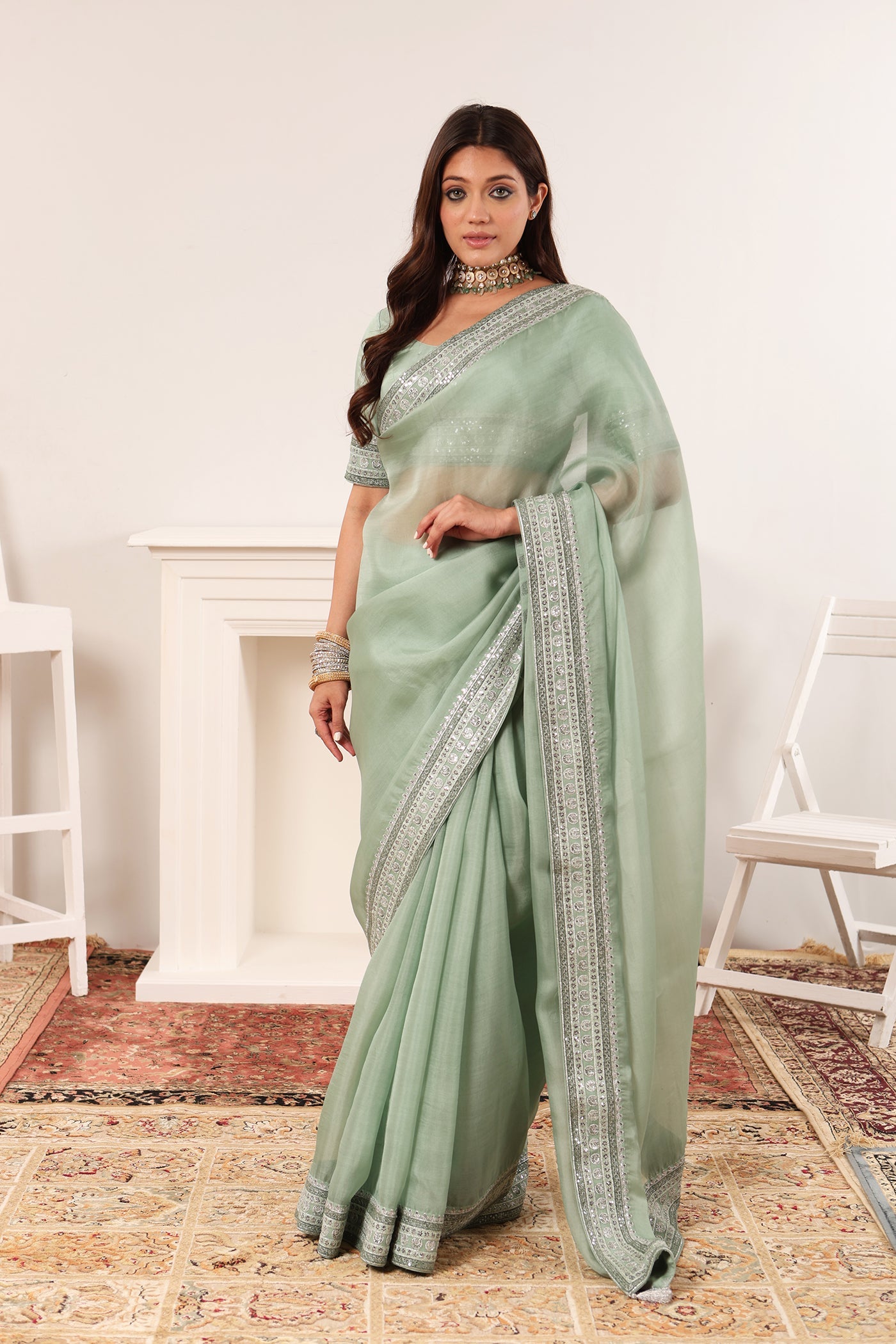 Fern-Green Embroidered Pure Silk-Organza Saree-Blouse Set