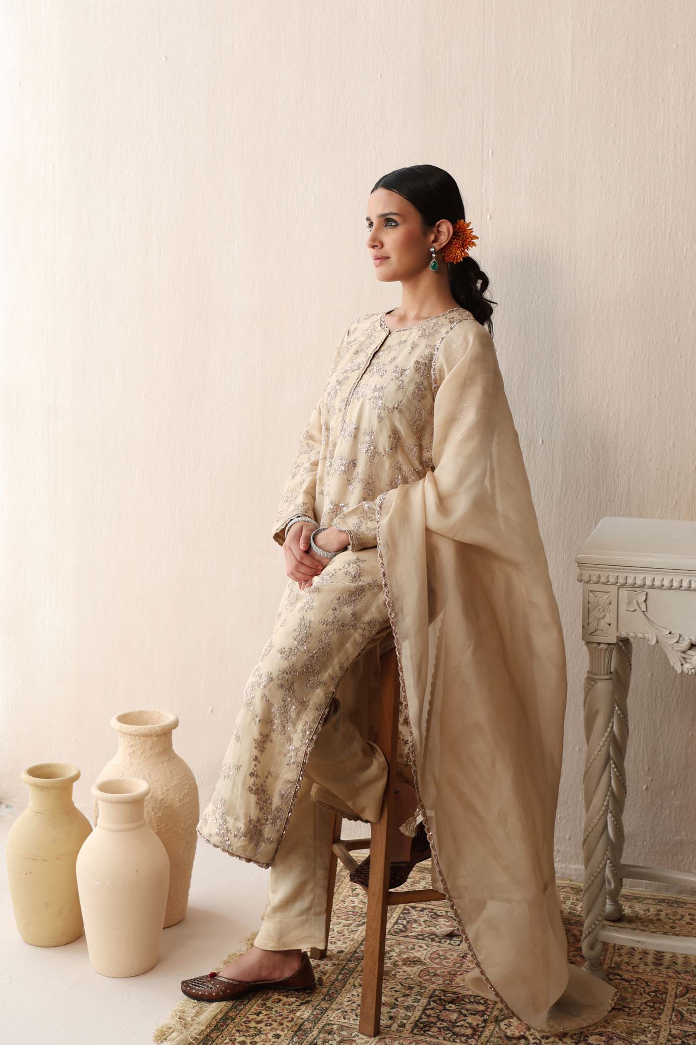 Ivory-Cream Hand-Embroidered Pure Silk-Organza Kurta-Pants Set