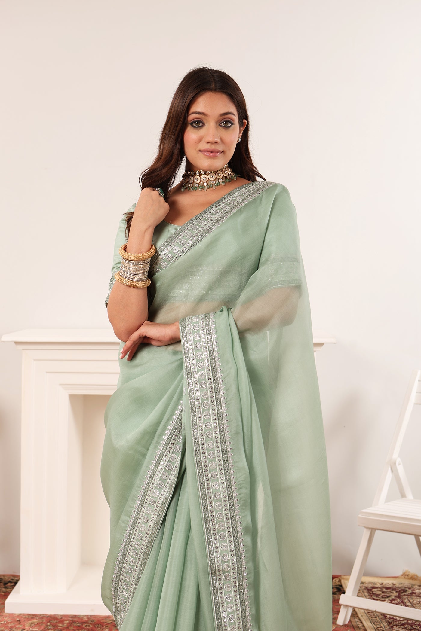 Fern-Green Embroidered Pure Silk-Organza Saree-Blouse Set