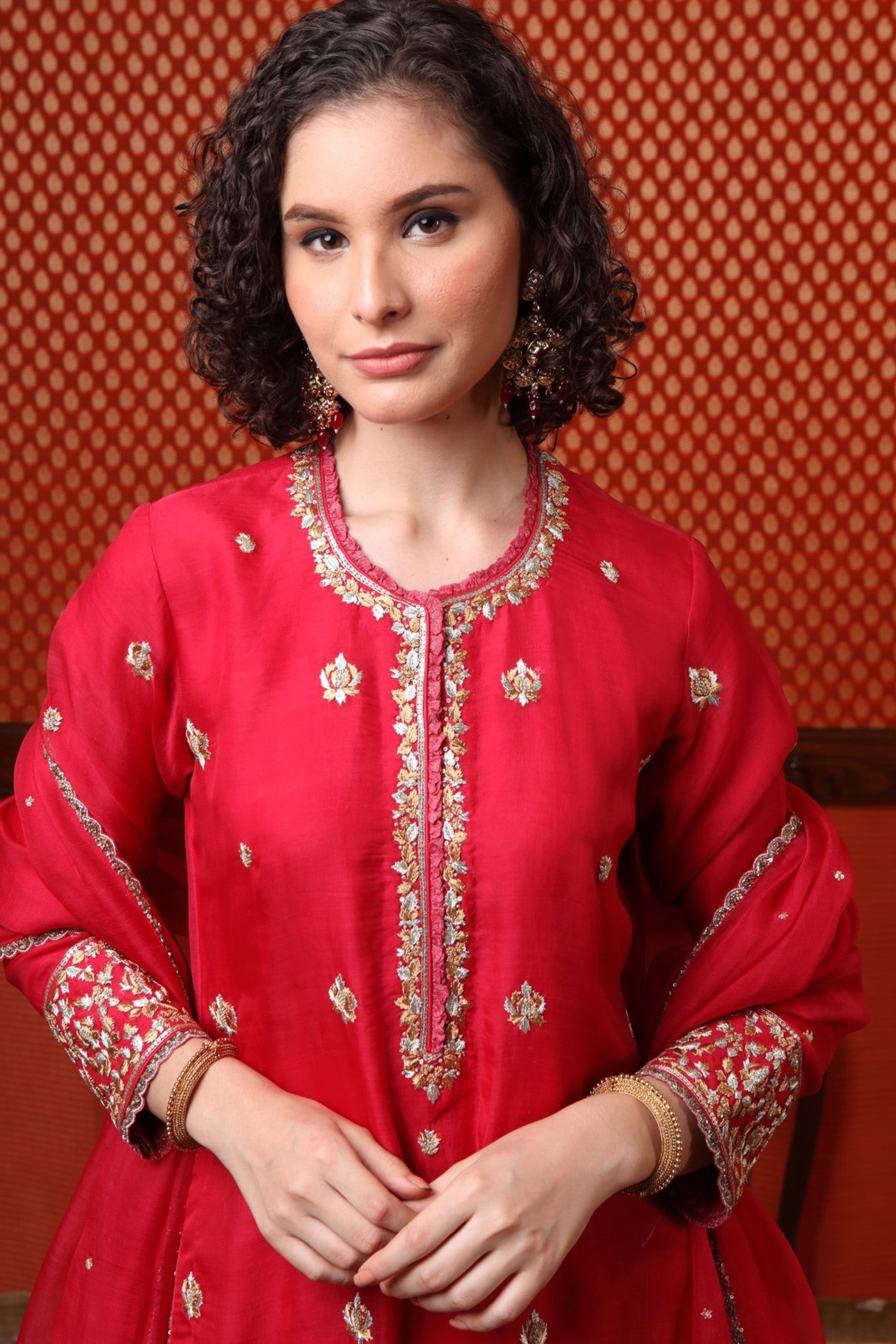 Hand Embroidered Rani Pink Pure Katan Silk Kurta Palazzo Set