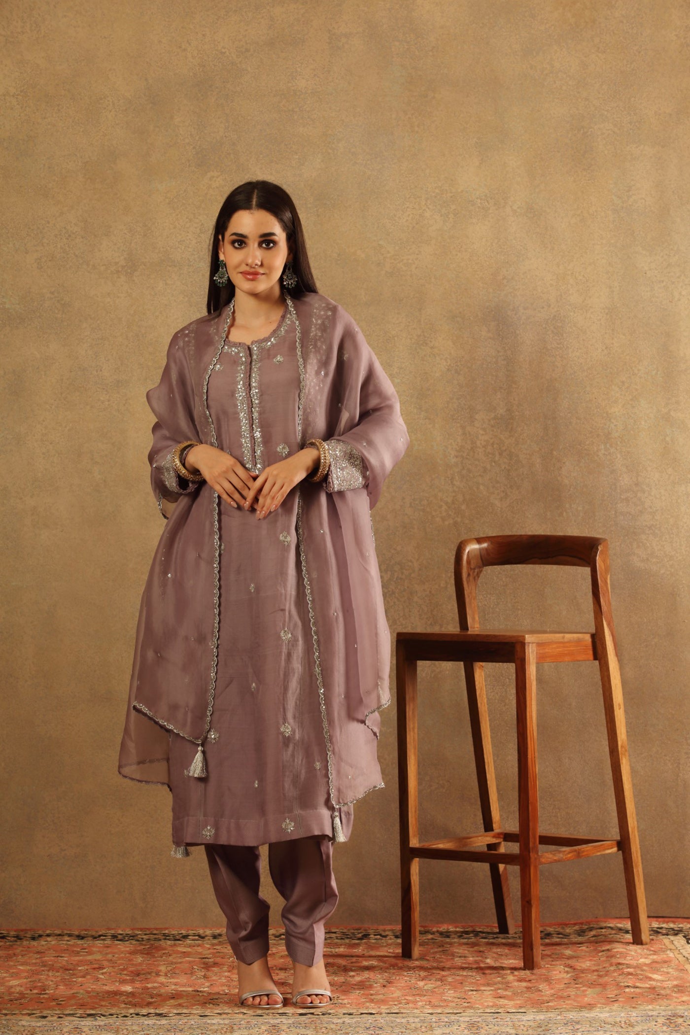 Hand Embroidered Ash Lavender Pure Katan Silk Kurta Salwar Set
