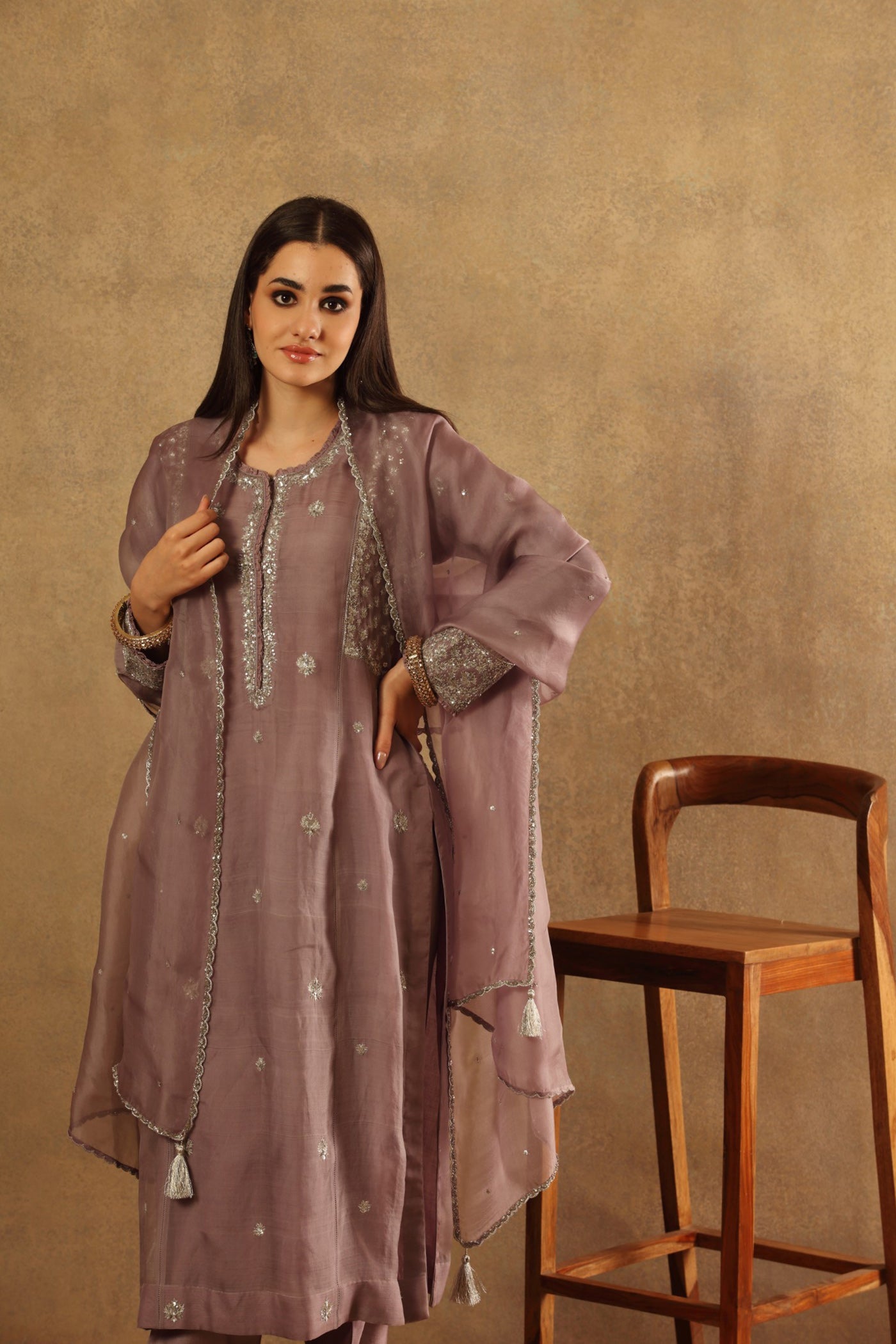 Hand Embroidered Ash Lavender Pure Katan Silk Kurta Salwar Set