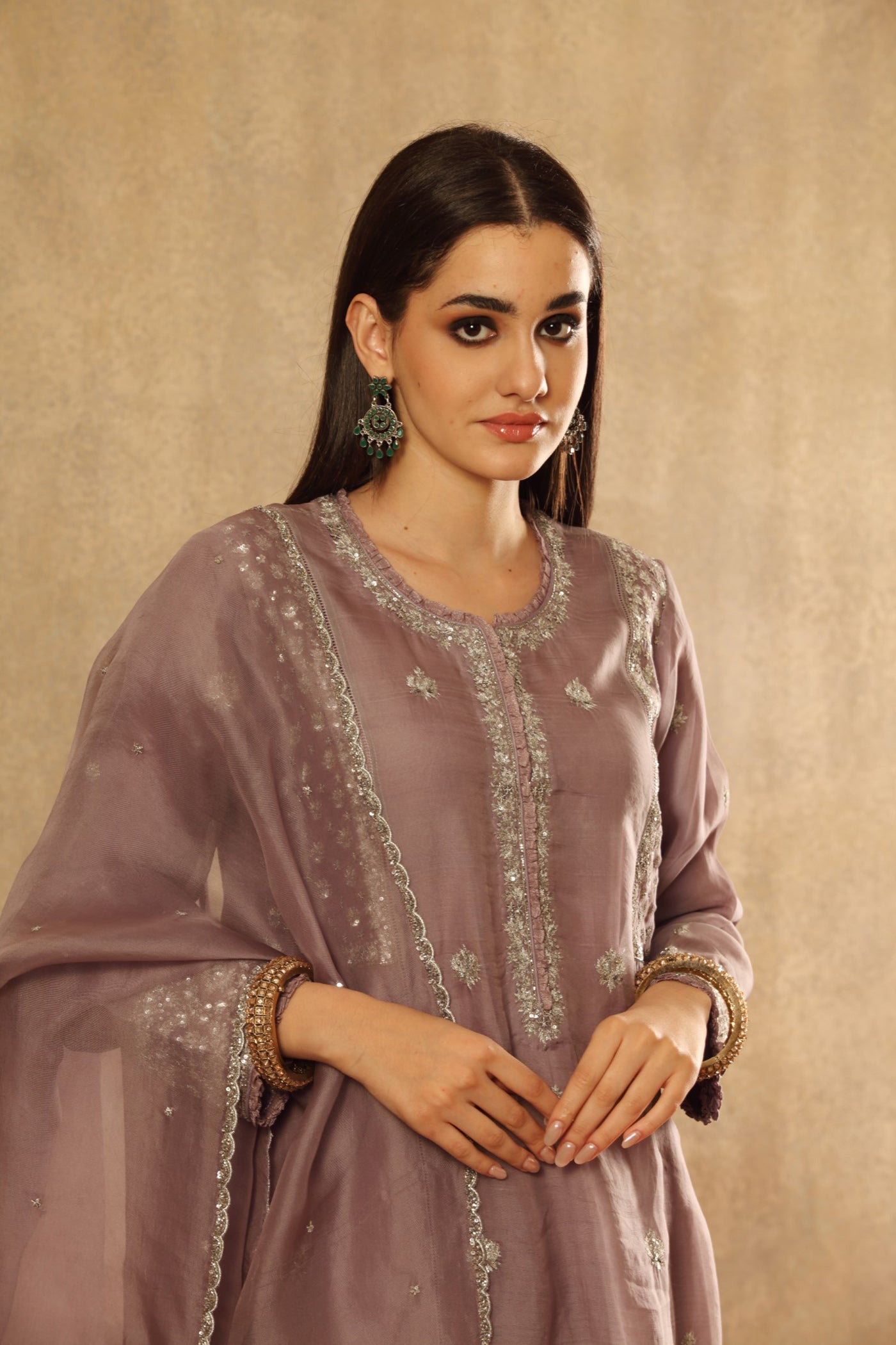 Hand Embroidered Ash Lavender Pure Katan Silk Kurta Salwar Set