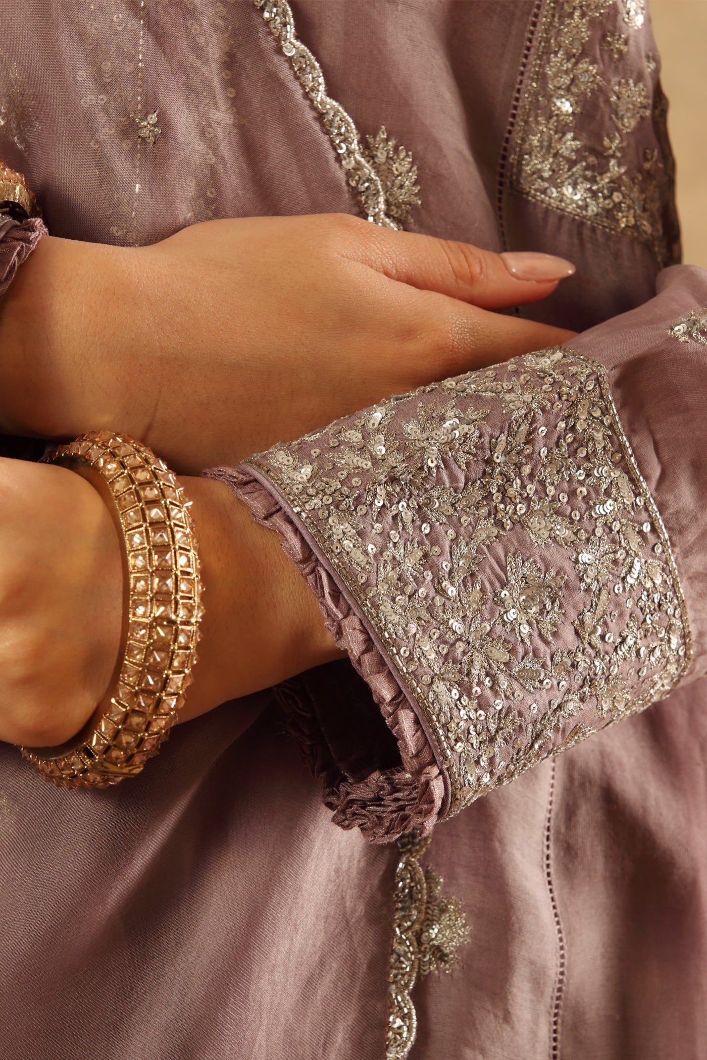 Hand Embroidered Ash Lavender Pure Katan Silk Kurta Salwar Set
