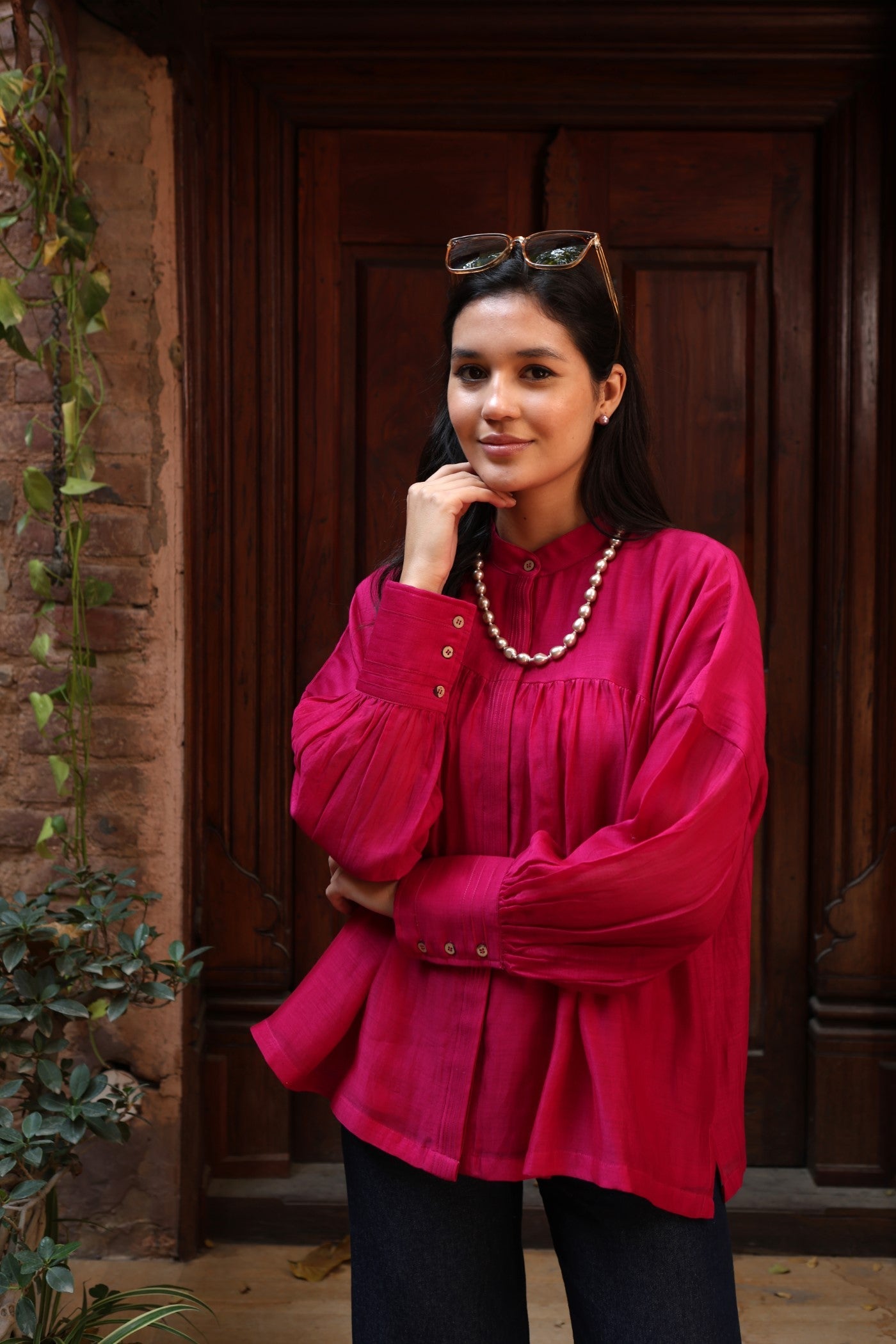 Dusty-Blue Pure Silk-Cotton Band-Collared Front-Open Short-Blouse With Pintucked Placket