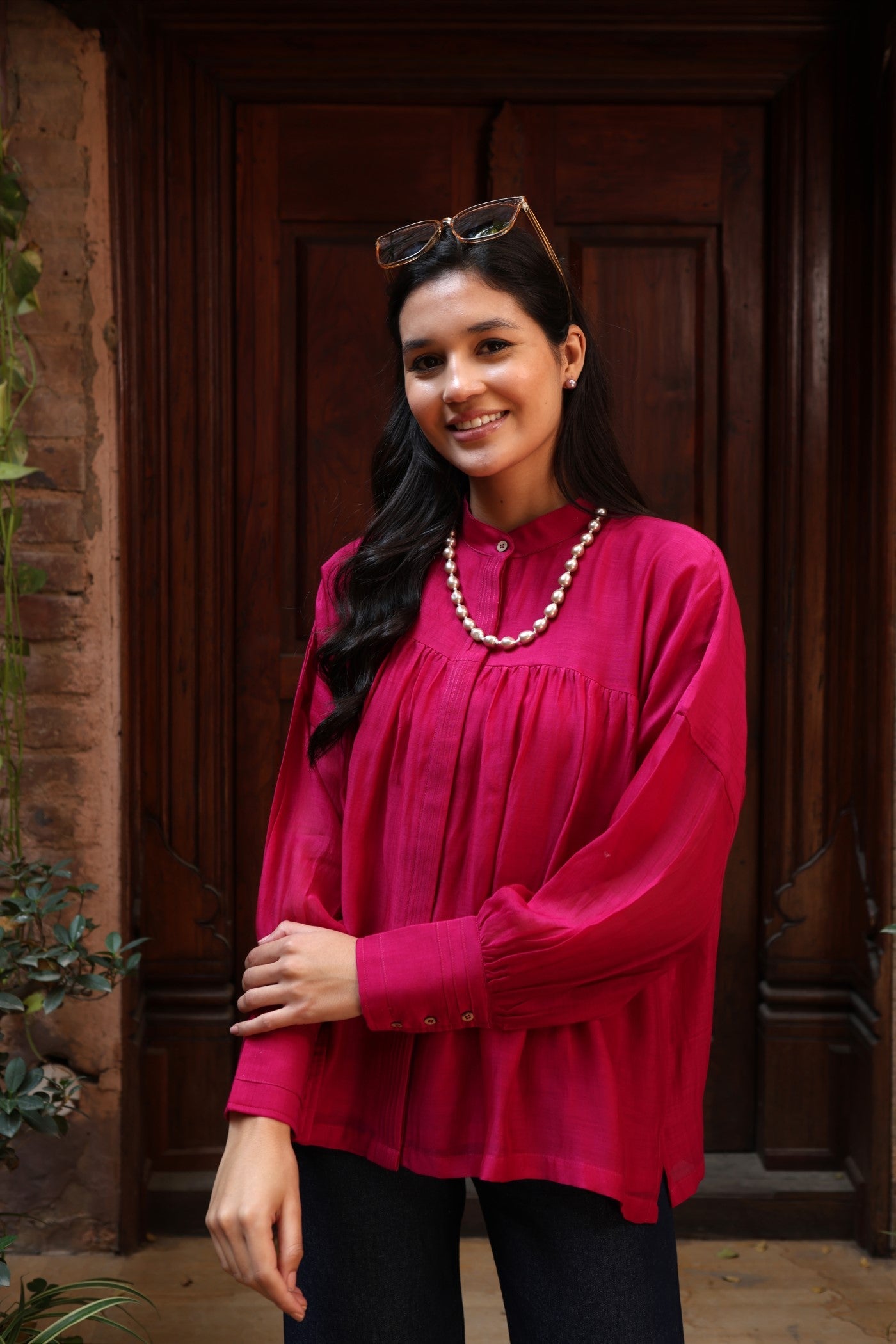 Dusty-Blue Pure Silk-Cotton Band-Collared Front-Open Short-Blouse With Pintucked Placket